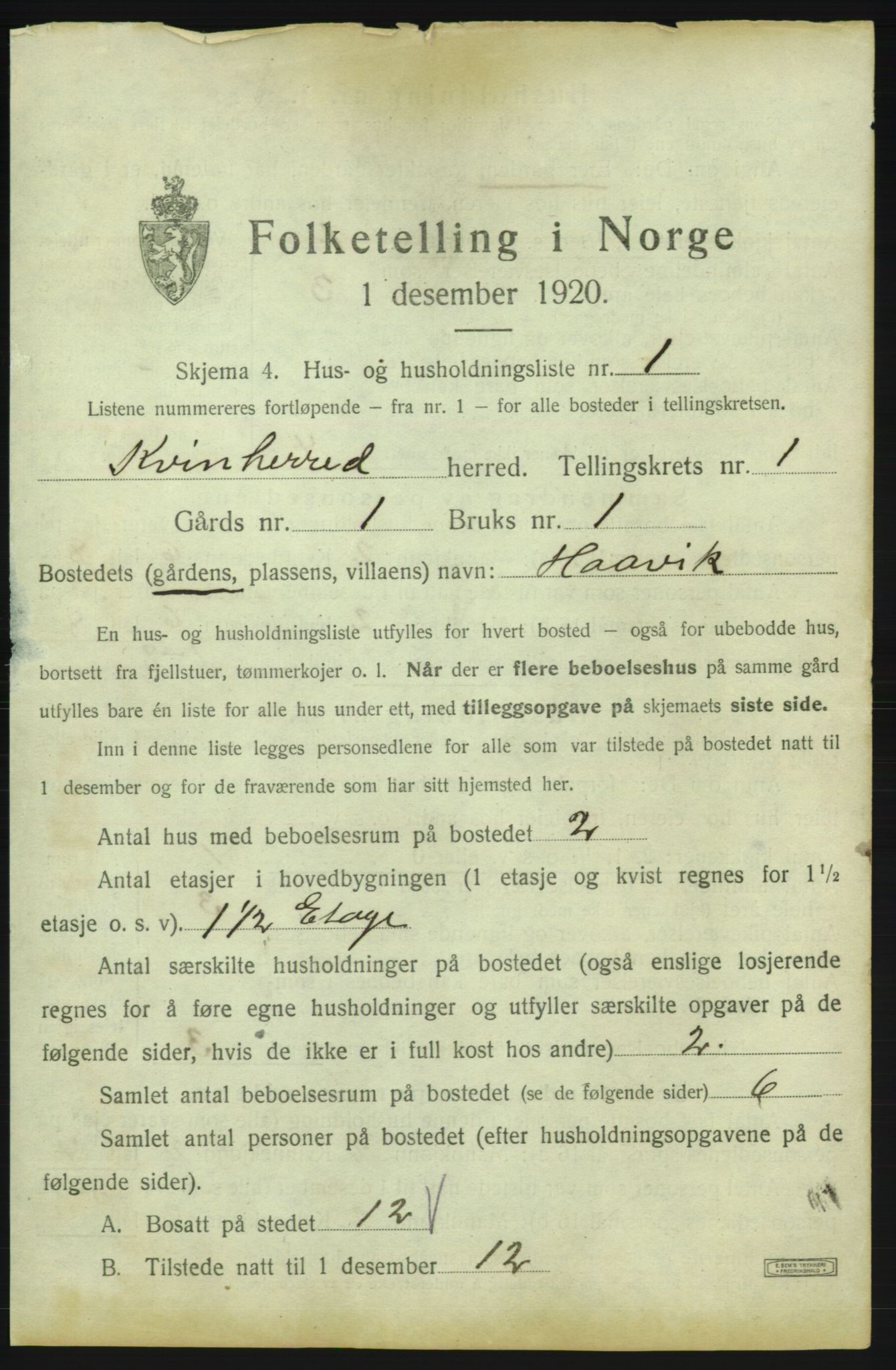 SAB, 1920 census for Kvinnherad, 1920, p. 76