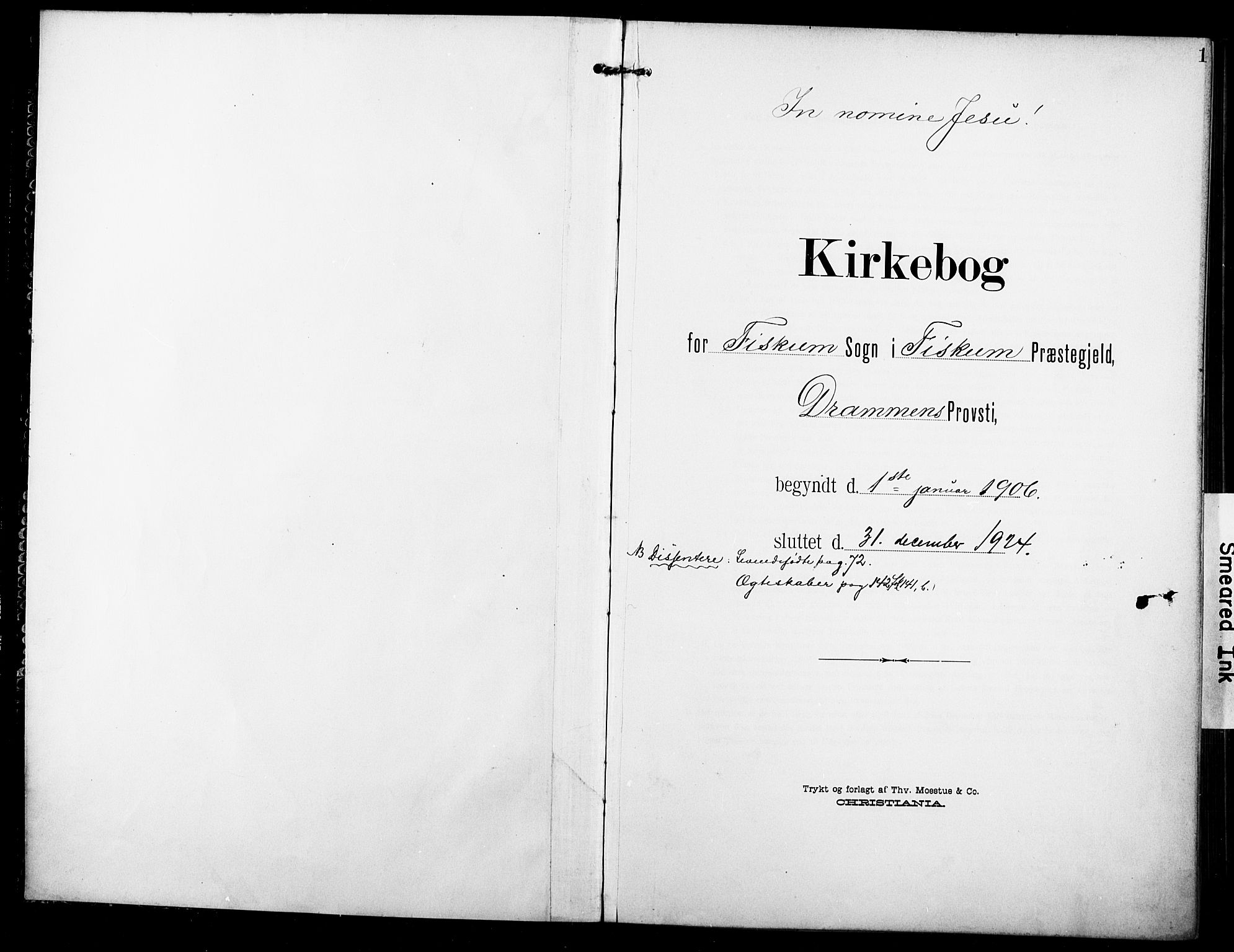 Fiskum kirkebøker, SAKO/A-15/F/Fa/L0004: Parish register (official) no. 4, 1906-1924, p. 1