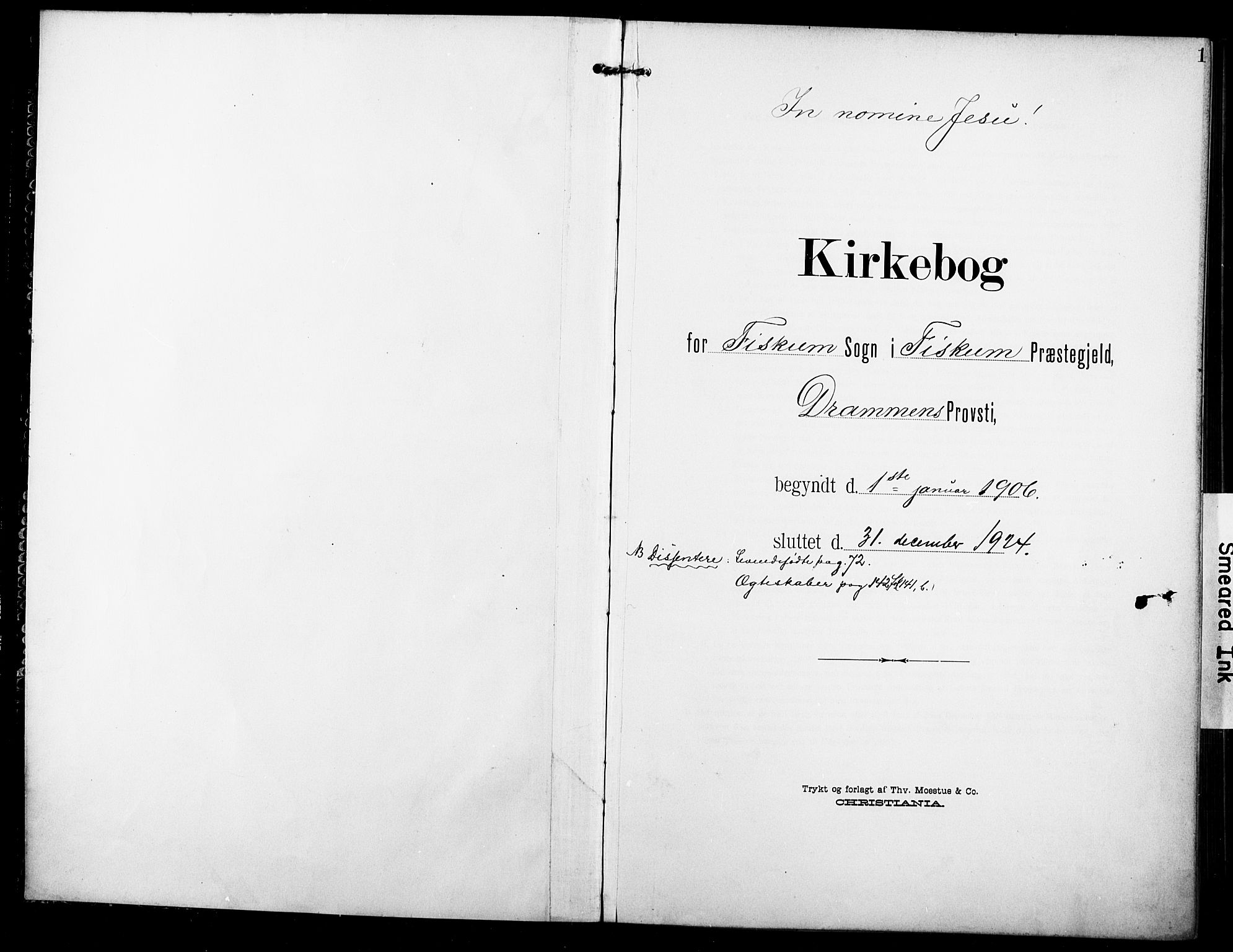 Fiskum kirkebøker, AV/SAKO-A-15/F/Fa/L0004: Parish register (official) no. 4, 1906-1924, p. 1