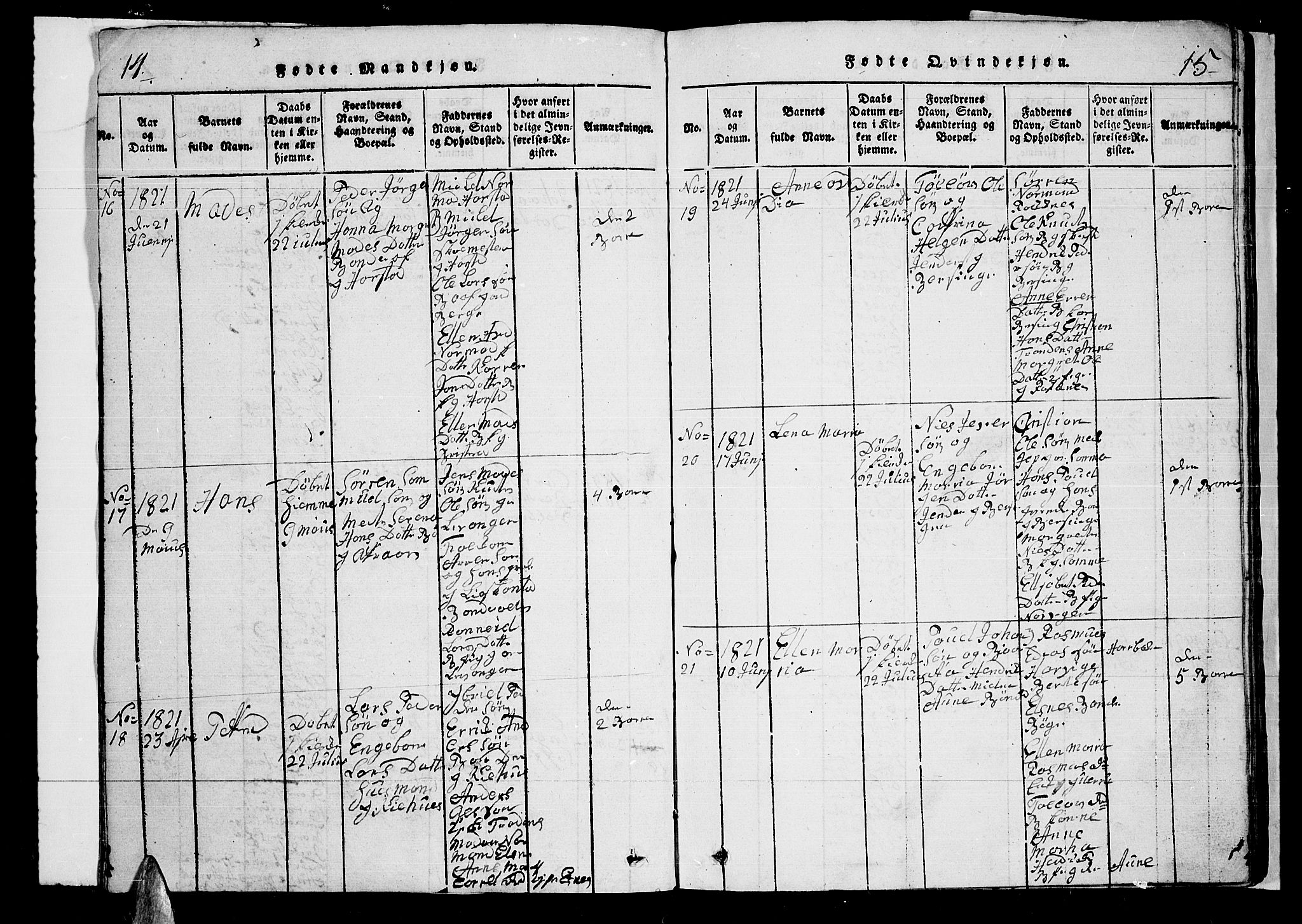 Trondenes sokneprestkontor, AV/SATØ-S-1319/H/Hb/L0003klokker: Parish register (copy) no. 3, 1820-1834, p. 14-15