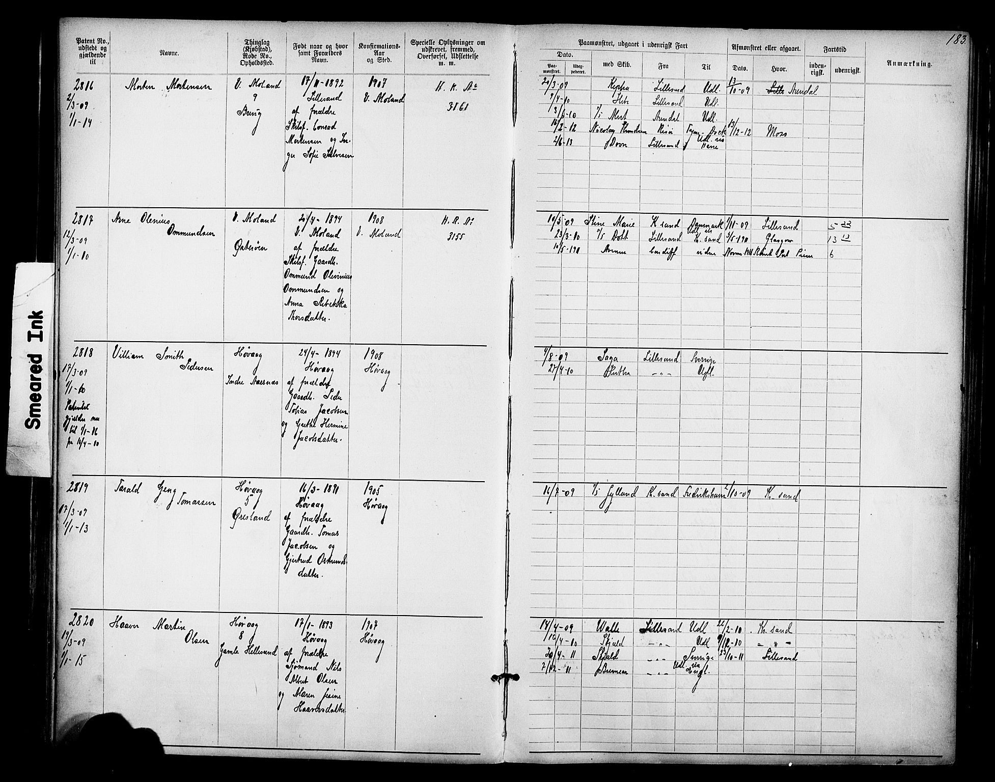 Lillesand mønstringskrets, AV/SAK-2031-0014/F/Fa/L0003: Annotasjonsrulle nr 1911-3489 med register, W-9, 1891-1932, p. 213