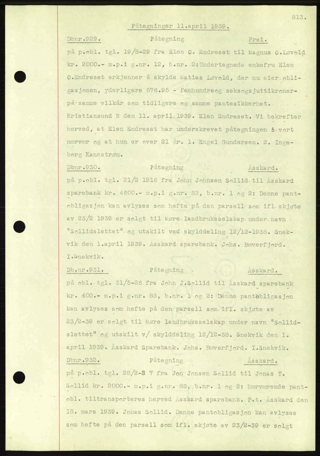 Nordmøre sorenskriveri, AV/SAT-A-4132/1/2/2Ca: Mortgage book no. C80, 1936-1939, Diary no: : 929/1939