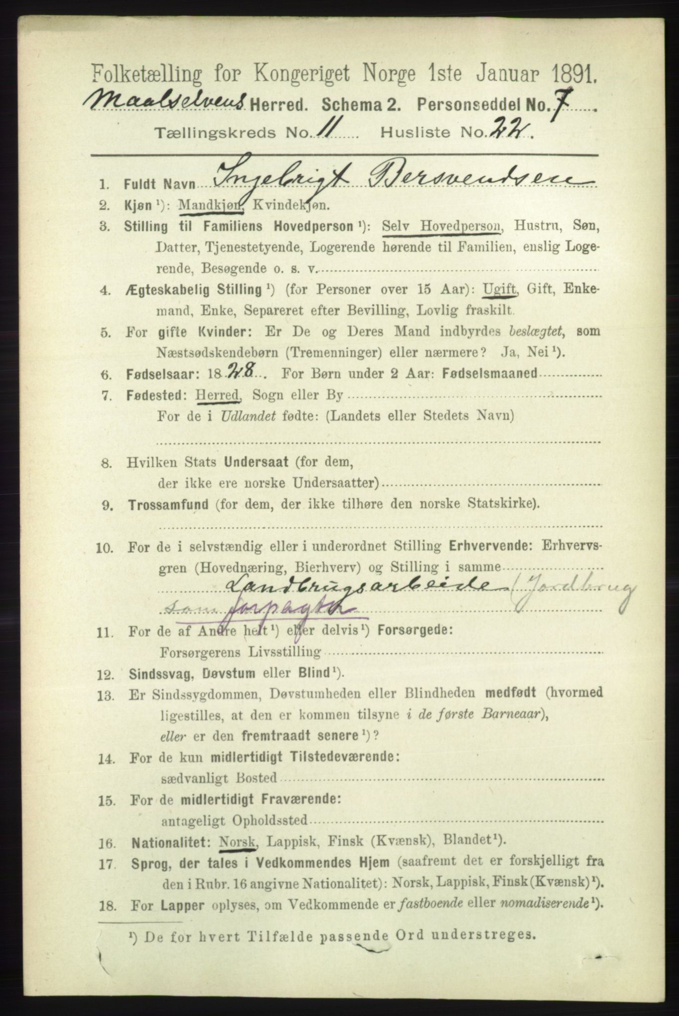 RA, 1891 census for 1924 Målselv, 1891, p. 3419