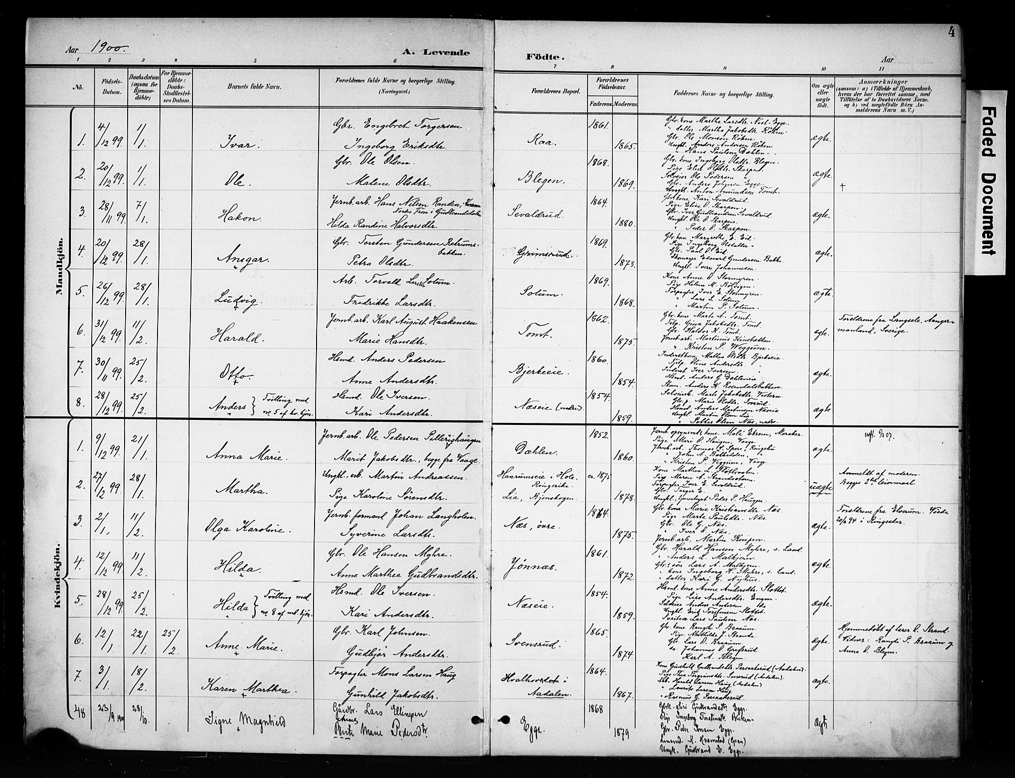 Brandbu prestekontor, SAH/PREST-114/H/Ha/Haa/L0001: Parish register (official) no. 1, 1900-1912, p. 4