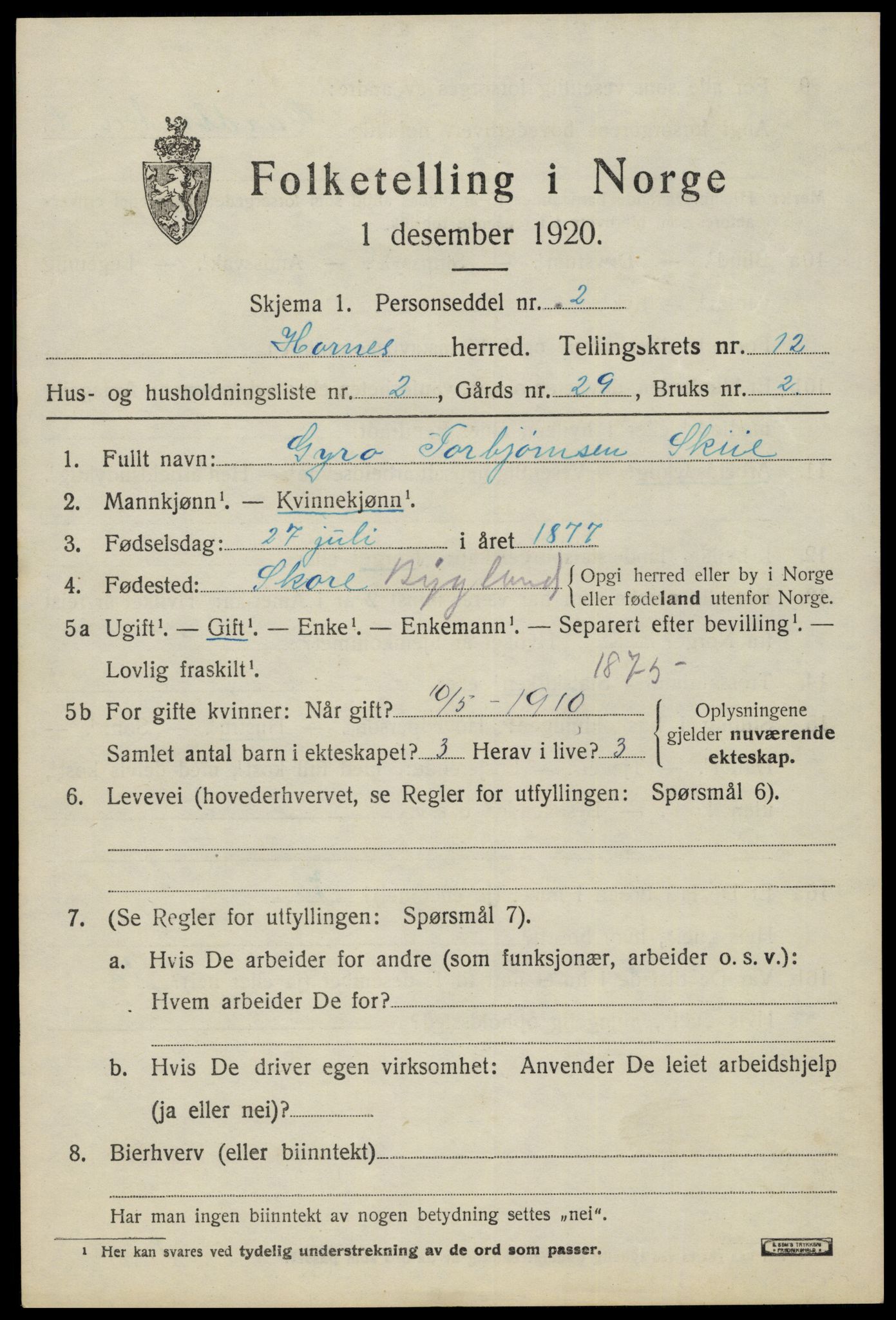 SAK, 1920 census for Hornnes, 1920, p. 2889