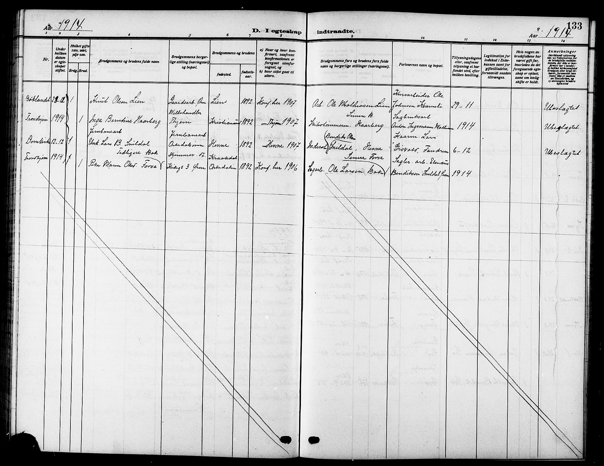 Ministerialprotokoller, klokkerbøker og fødselsregistre - Sør-Trøndelag, SAT/A-1456/669/L0831: Parish register (copy) no. 669C01, 1909-1924, p. 133