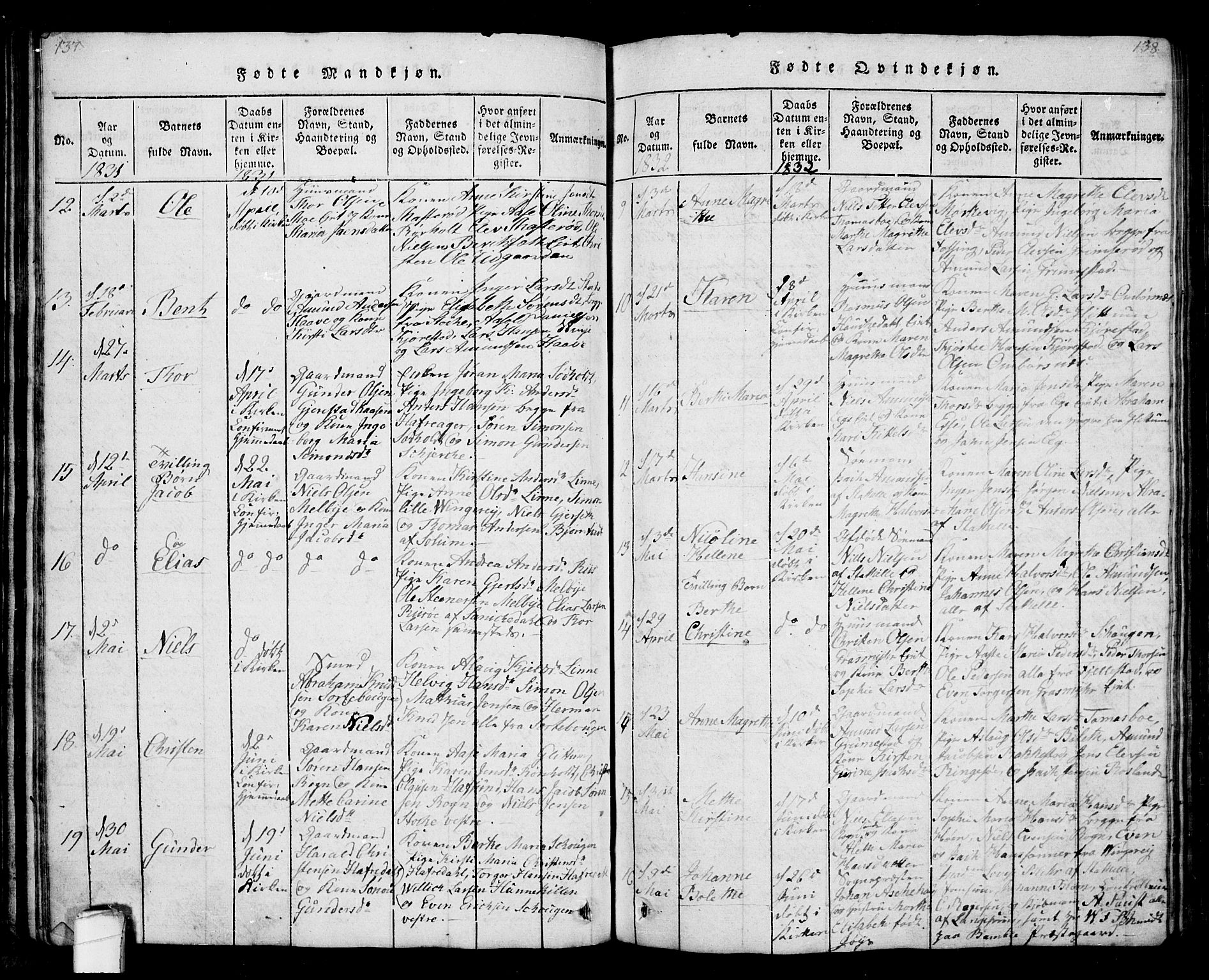 Bamble kirkebøker, AV/SAKO-A-253/G/Ga/L0005: Parish register (copy) no. I 5, 1814-1855, p. 137-138