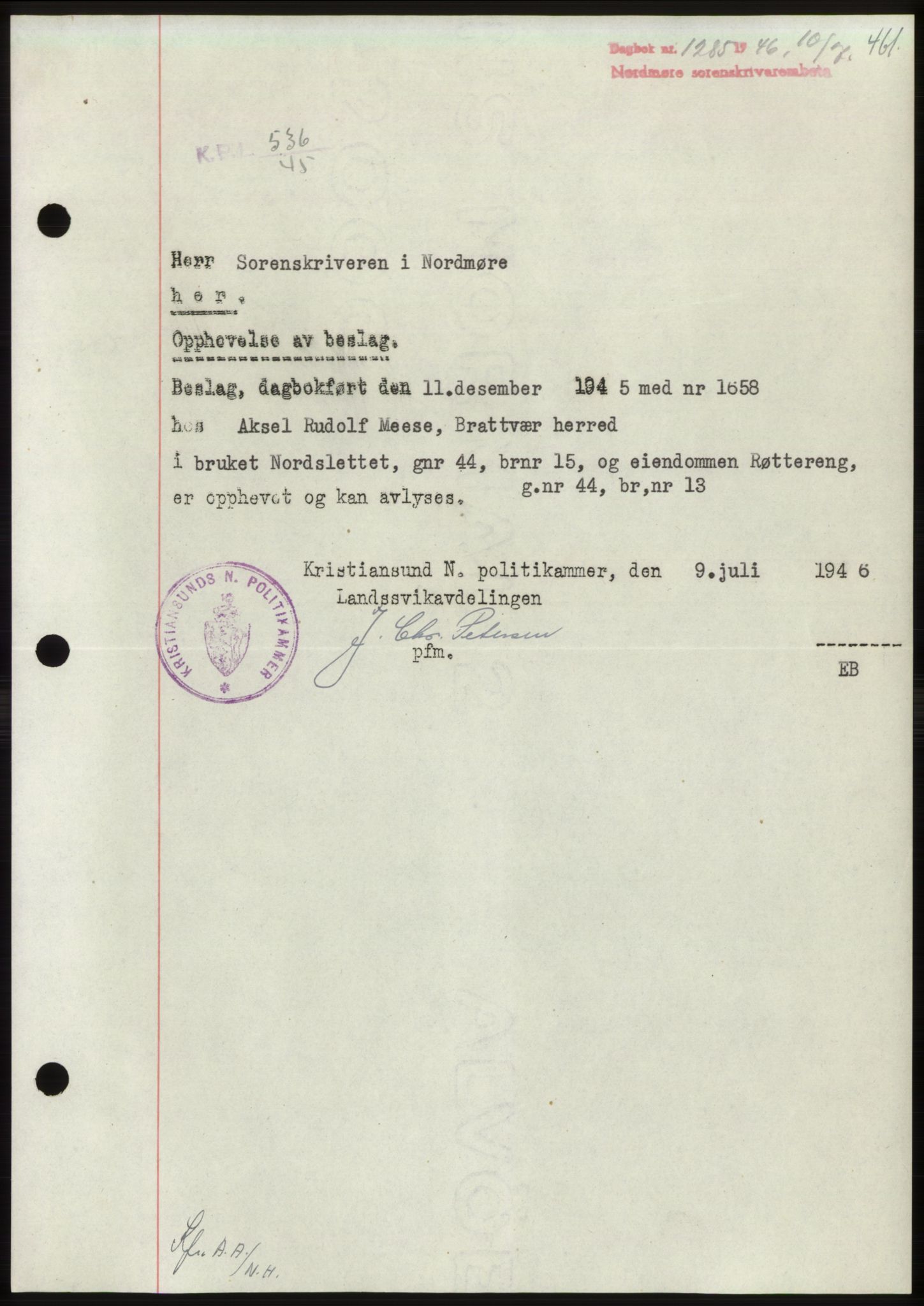 Nordmøre sorenskriveri, AV/SAT-A-4132/1/2/2Ca: Mortgage book no. B94, 1946-1946, Diary no: : 1285/1946