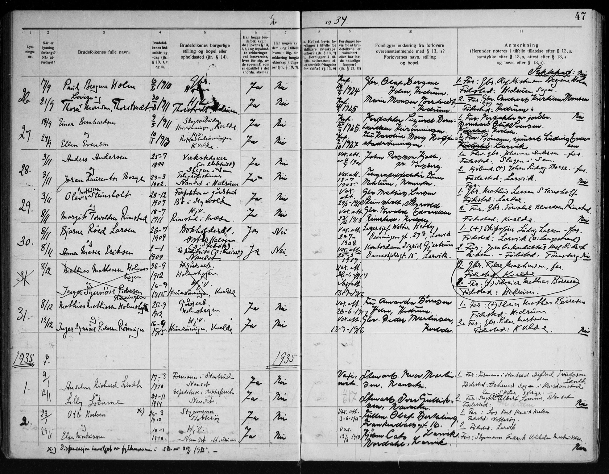 Hedrum kirkebøker, AV/SAKO-A-344/H/Ha/L0001: Banns register no. 1, 1919-1949, p. 47