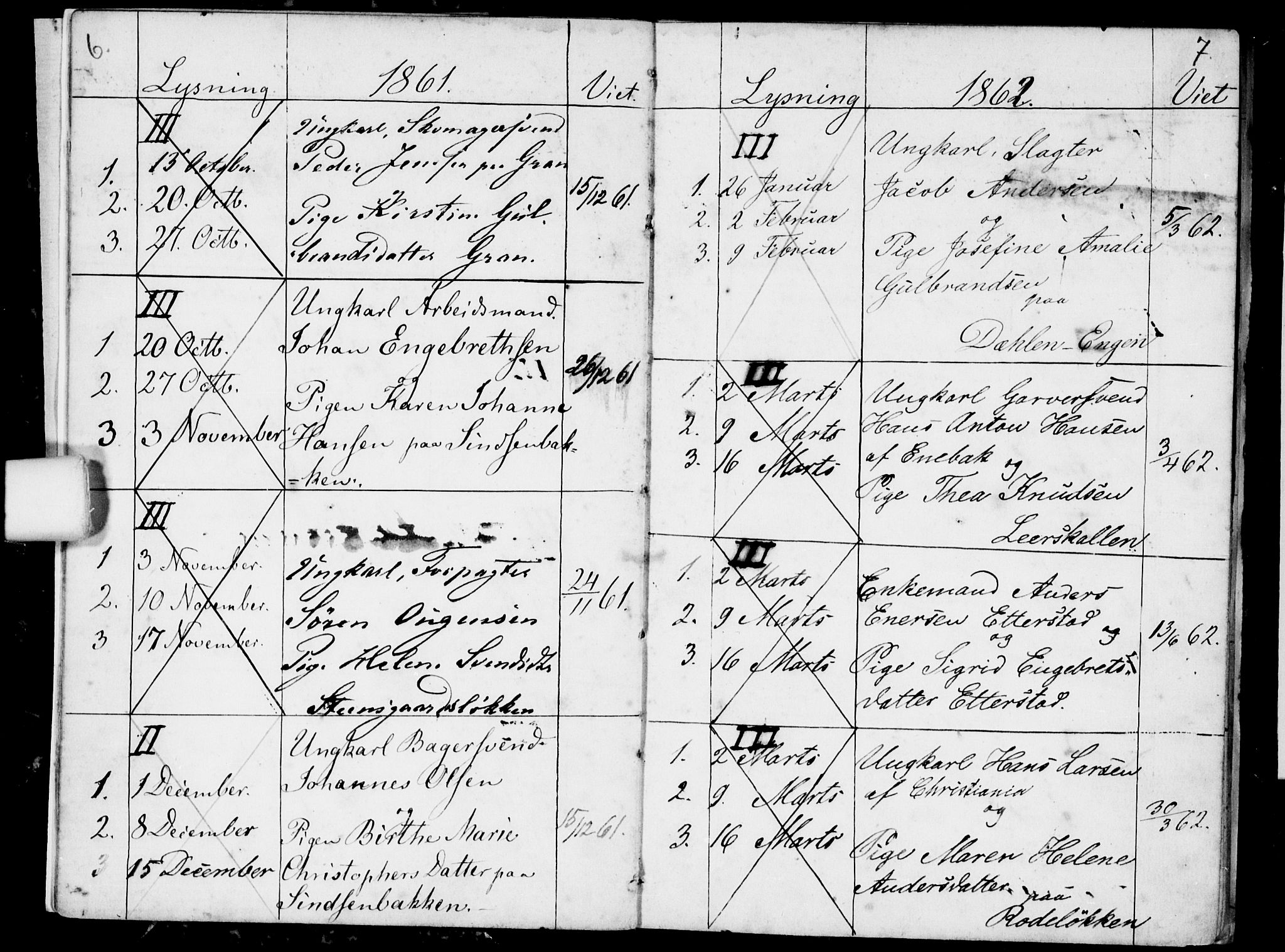 Østre Aker prestekontor Kirkebøker, SAO/A-10840/H/Ha/L0002: Banns register no. I 2, 1861-1872, p. 6-7