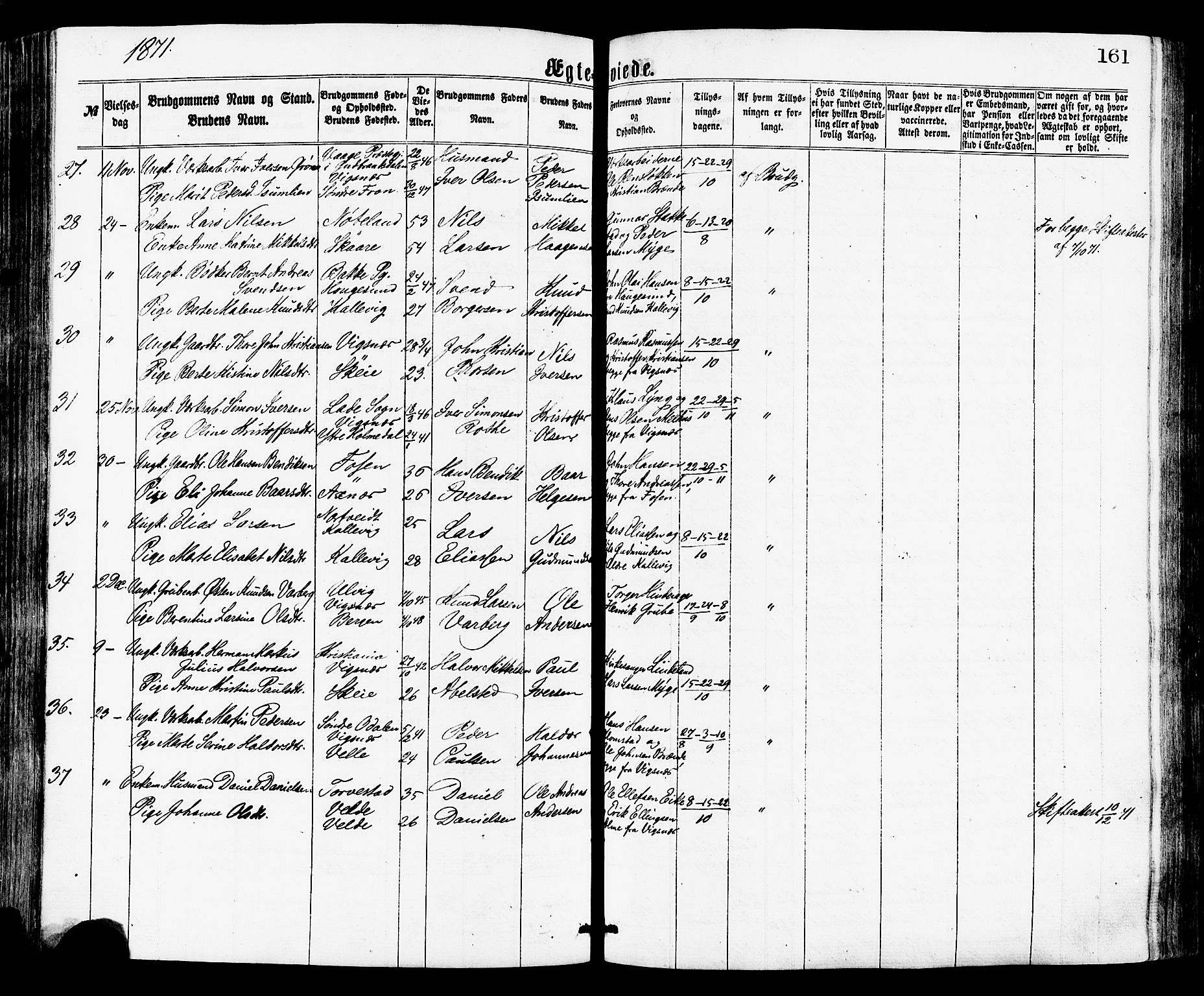 Avaldsnes sokneprestkontor, SAST/A -101851/H/Ha/Haa/L0012: Parish register (official) no. A 12, 1865-1880, p. 161
