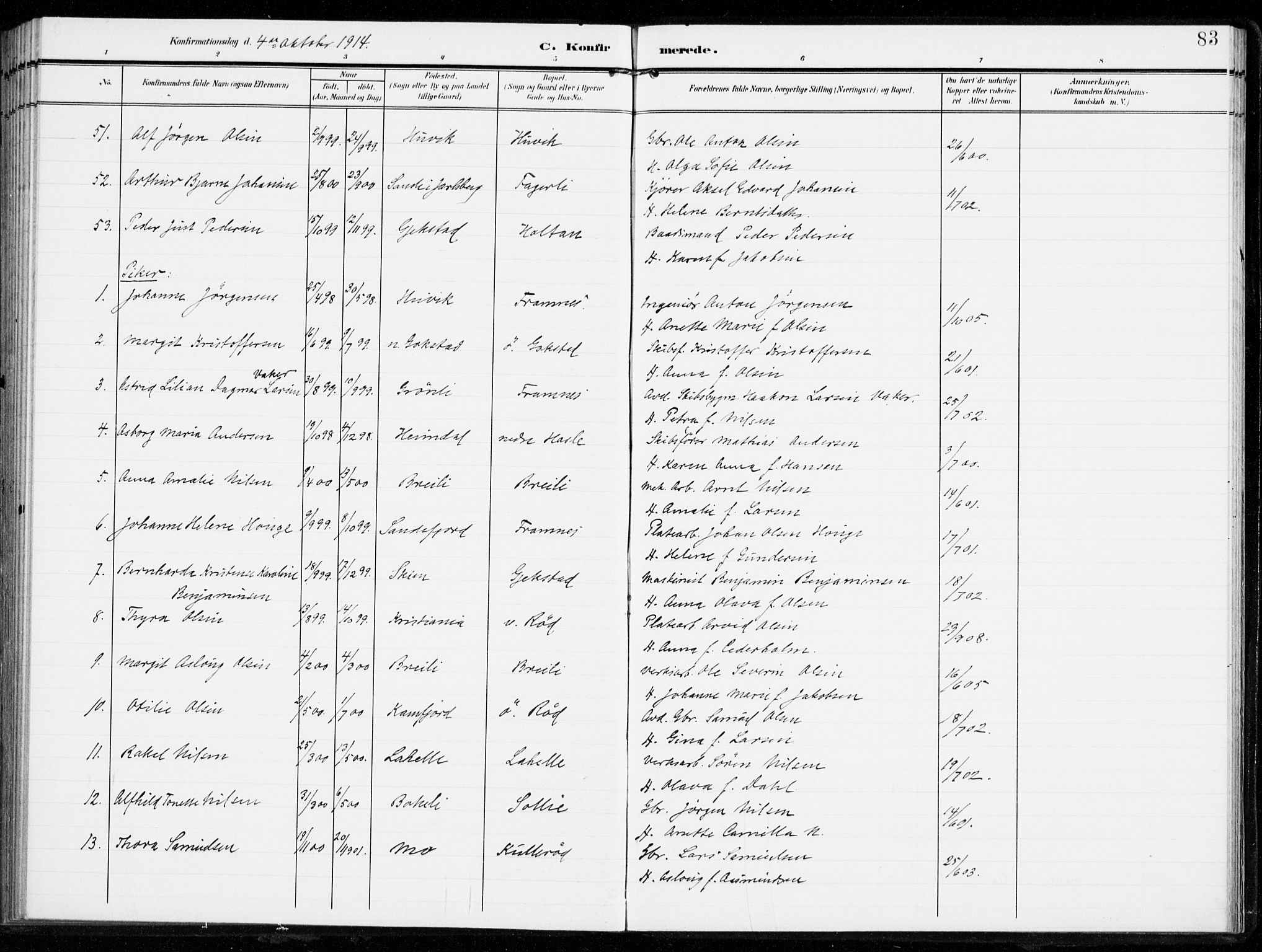 Sandar kirkebøker, SAKO/A-243/F/Fa/L0017: Parish register (official) no. 17, 1907-1917, p. 83