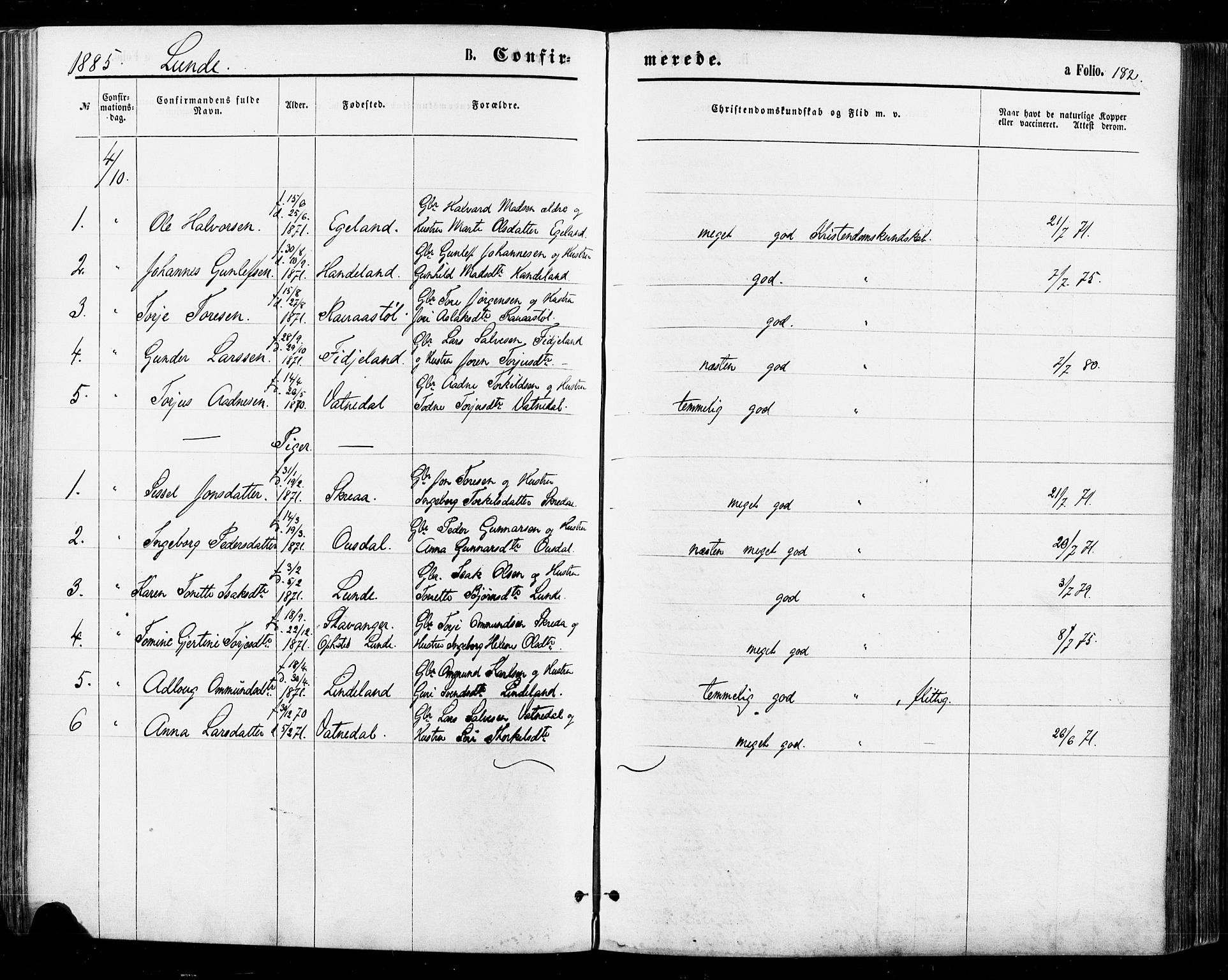 Sirdal sokneprestkontor, AV/SAK-1111-0036/F/Fa/Fab/L0003: Parish register (official) no. A 3, 1874-1886, p. 182