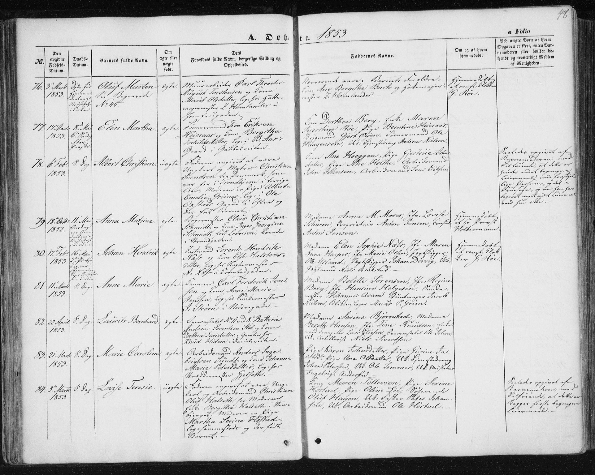 Ministerialprotokoller, klokkerbøker og fødselsregistre - Sør-Trøndelag, SAT/A-1456/602/L0112: Parish register (official) no. 602A10, 1848-1859, p. 48