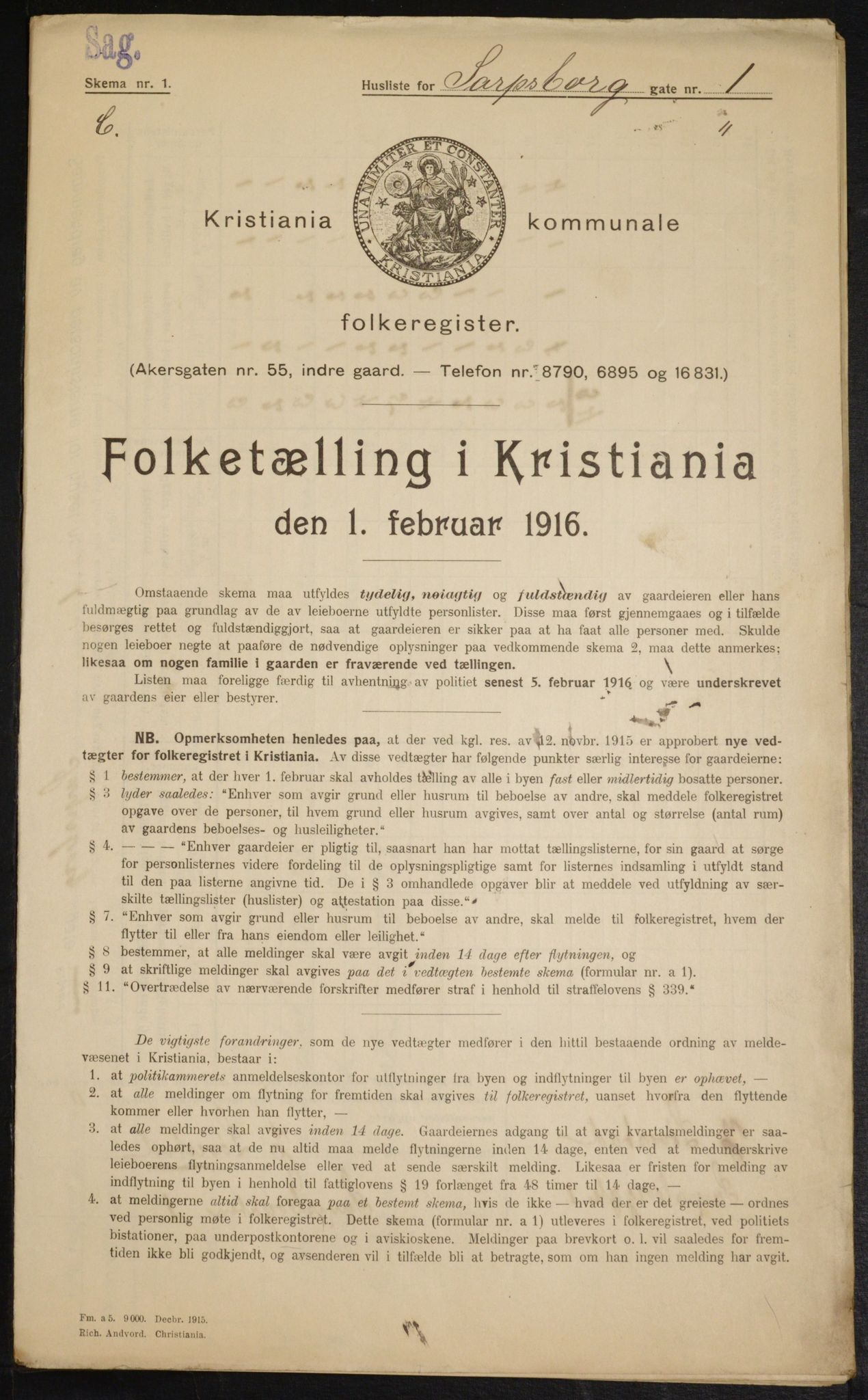 OBA, Municipal Census 1916 for Kristiania, 1916, p. 91296