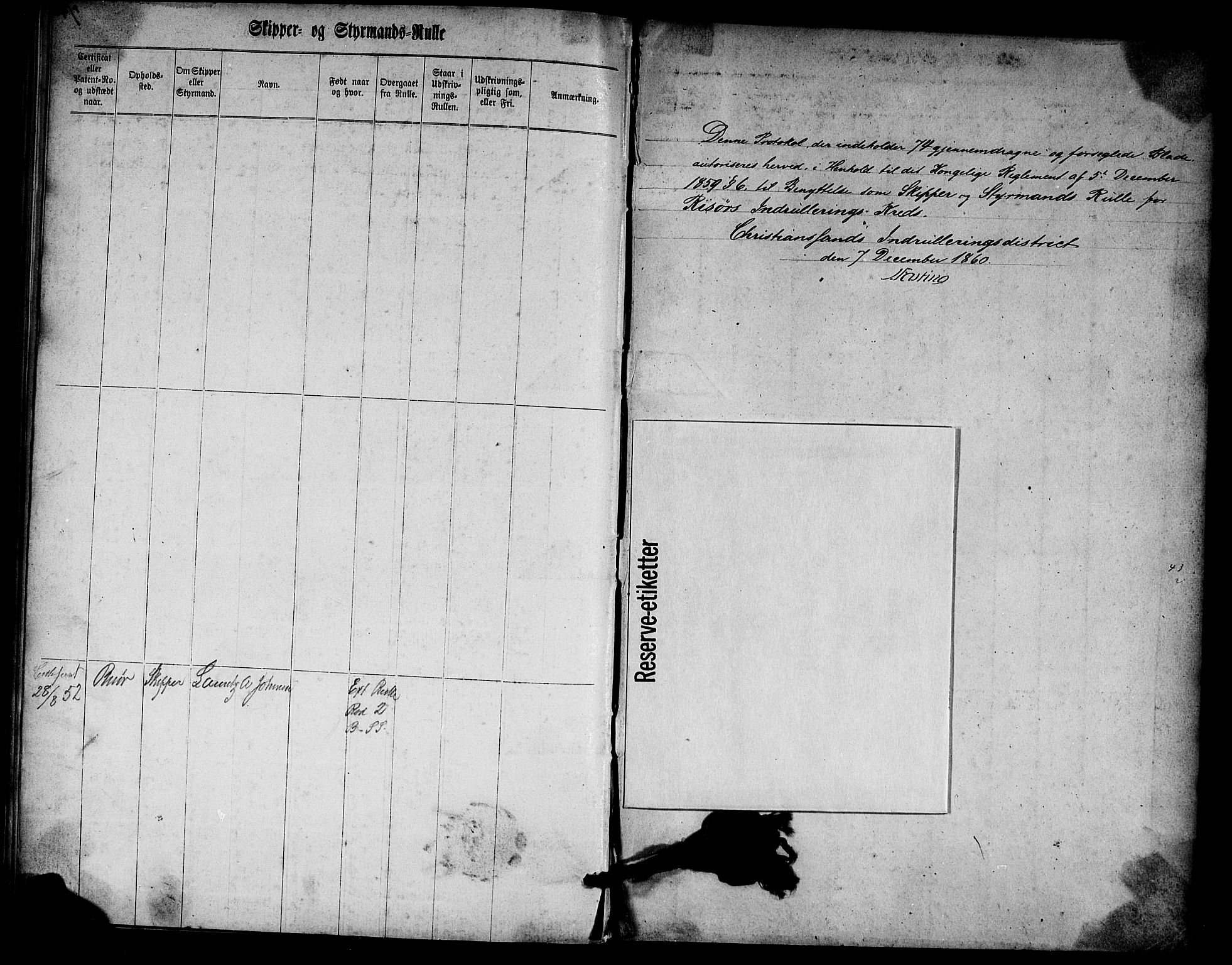 Risør mønstringskrets, SAK/2031-0010/F/Fc/L0001: Skipper- og styrmannsrulle nr 1-188 med register, D-3, 1860-1868, p. 91