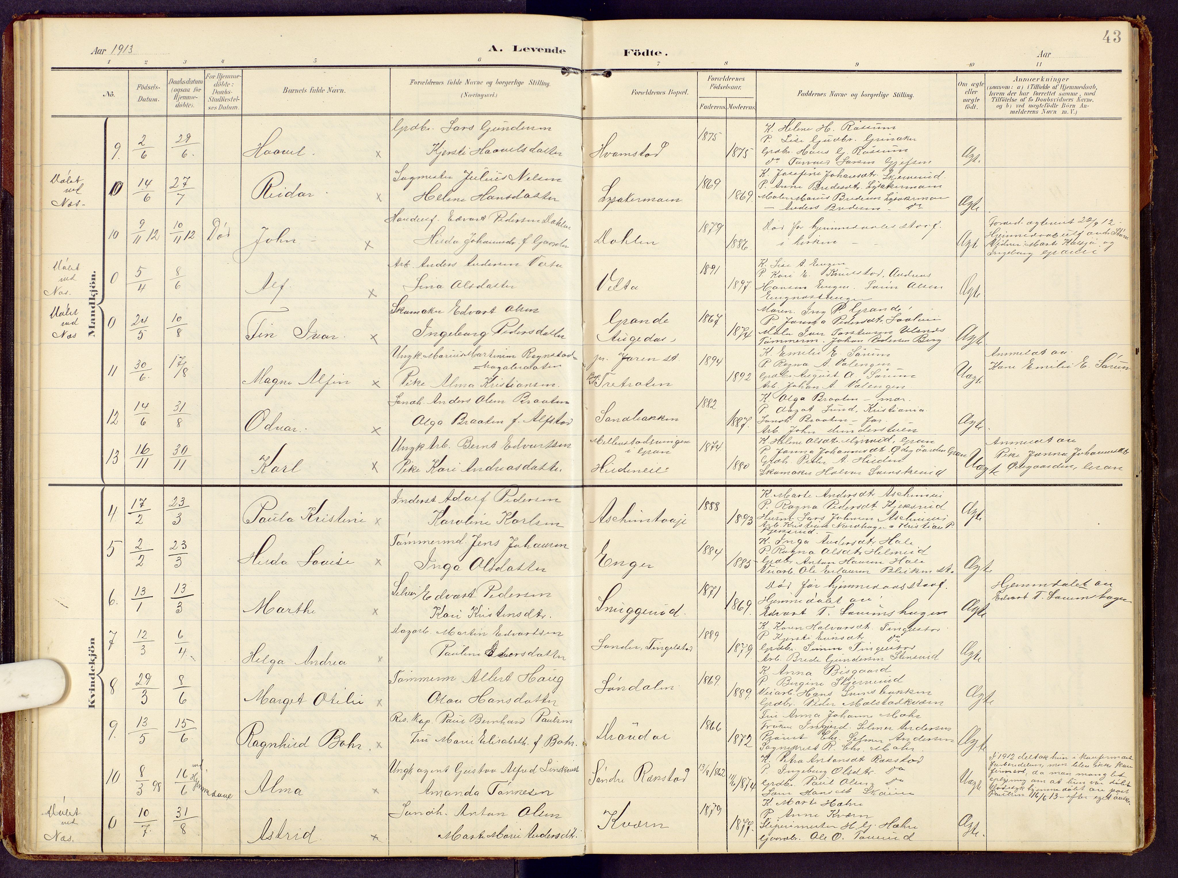 Brandbu prestekontor, SAH/PREST-114/H/Ha/Hab/L0009: Parish register (copy) no. 9, 1903-1916, p. 43