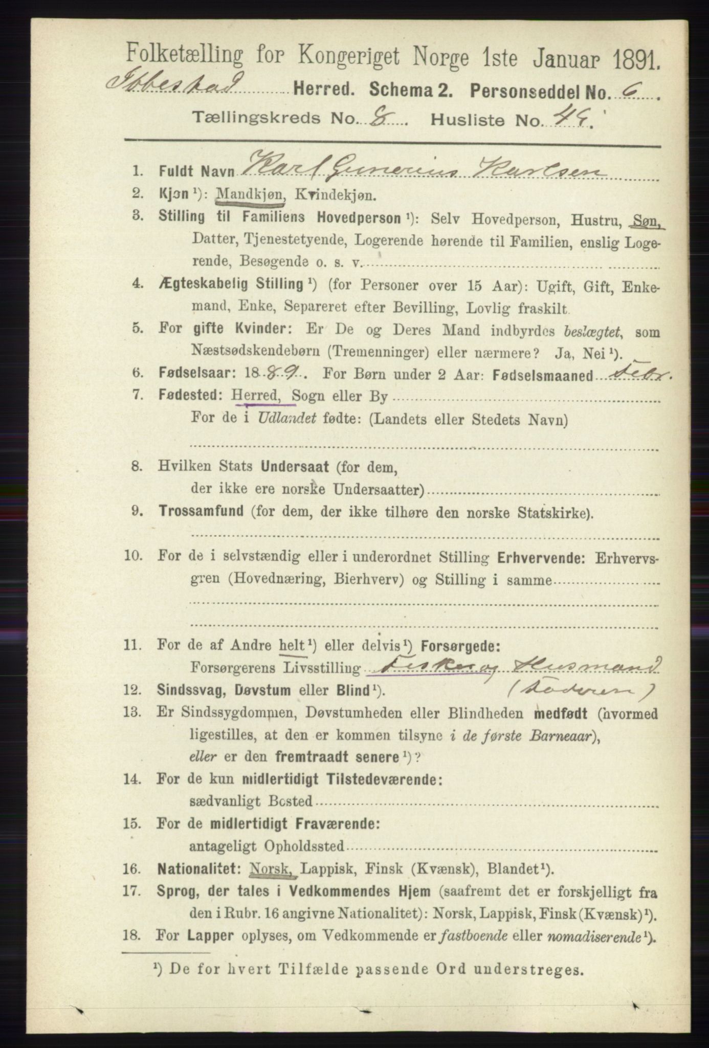 RA, 1891 census for 1917 Ibestad, 1891, p. 5500