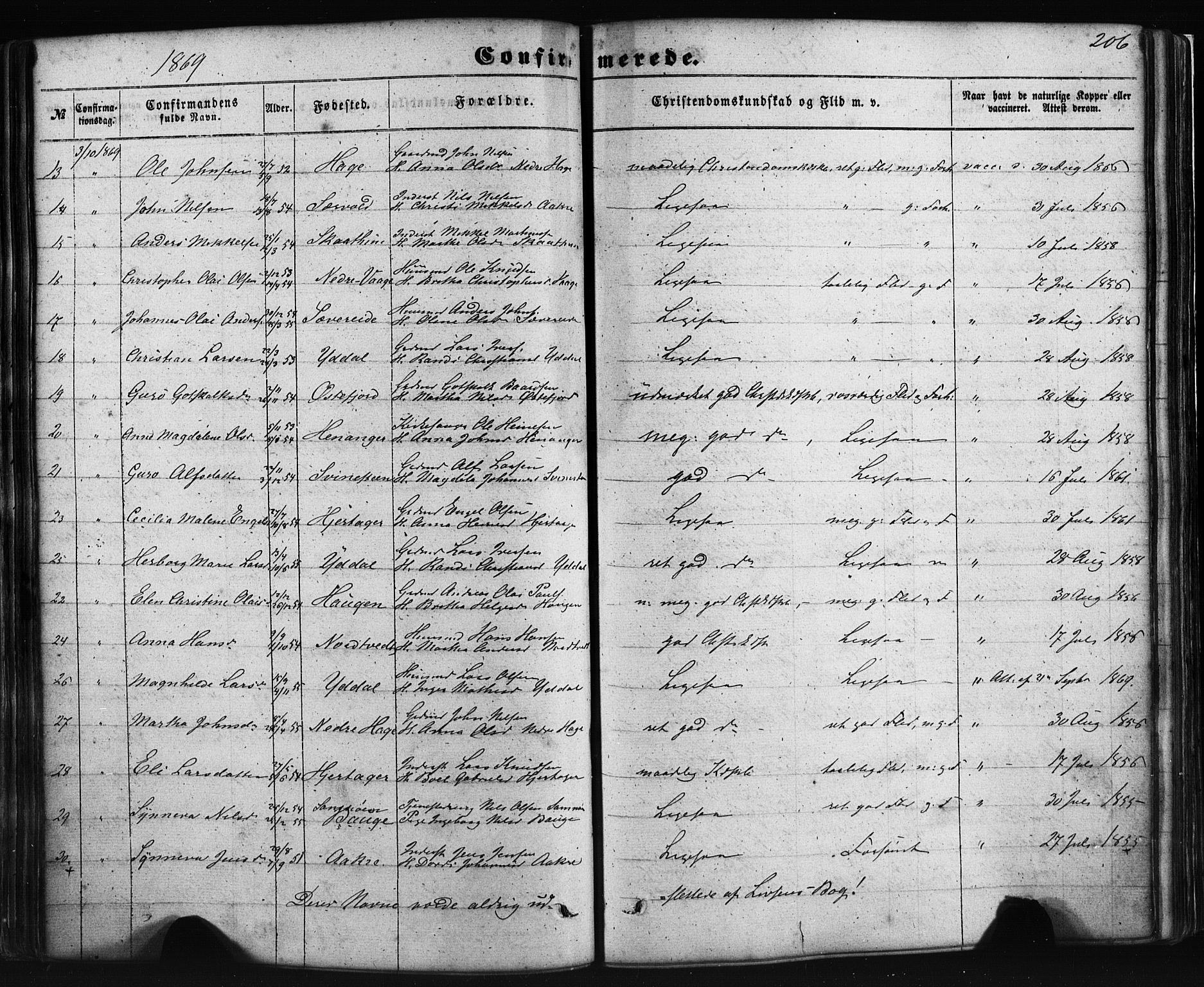 Fusa sokneprestembete, AV/SAB-A-75401/H/Haa: Parish register (official) no. A 1I, 1855-1879, p. 206