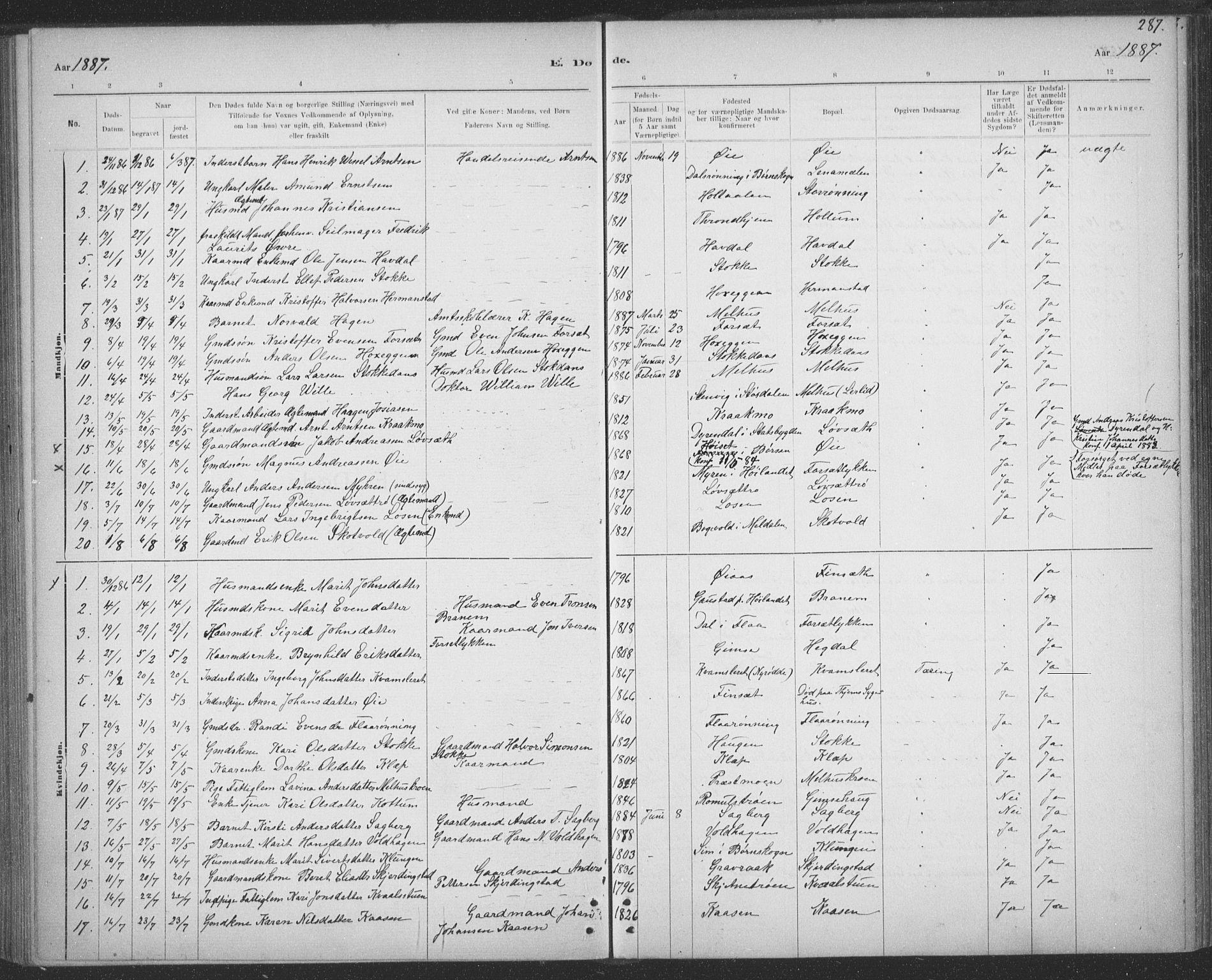 Ministerialprotokoller, klokkerbøker og fødselsregistre - Sør-Trøndelag, AV/SAT-A-1456/691/L1085: Parish register (official) no. 691A17, 1887-1908, p. 287