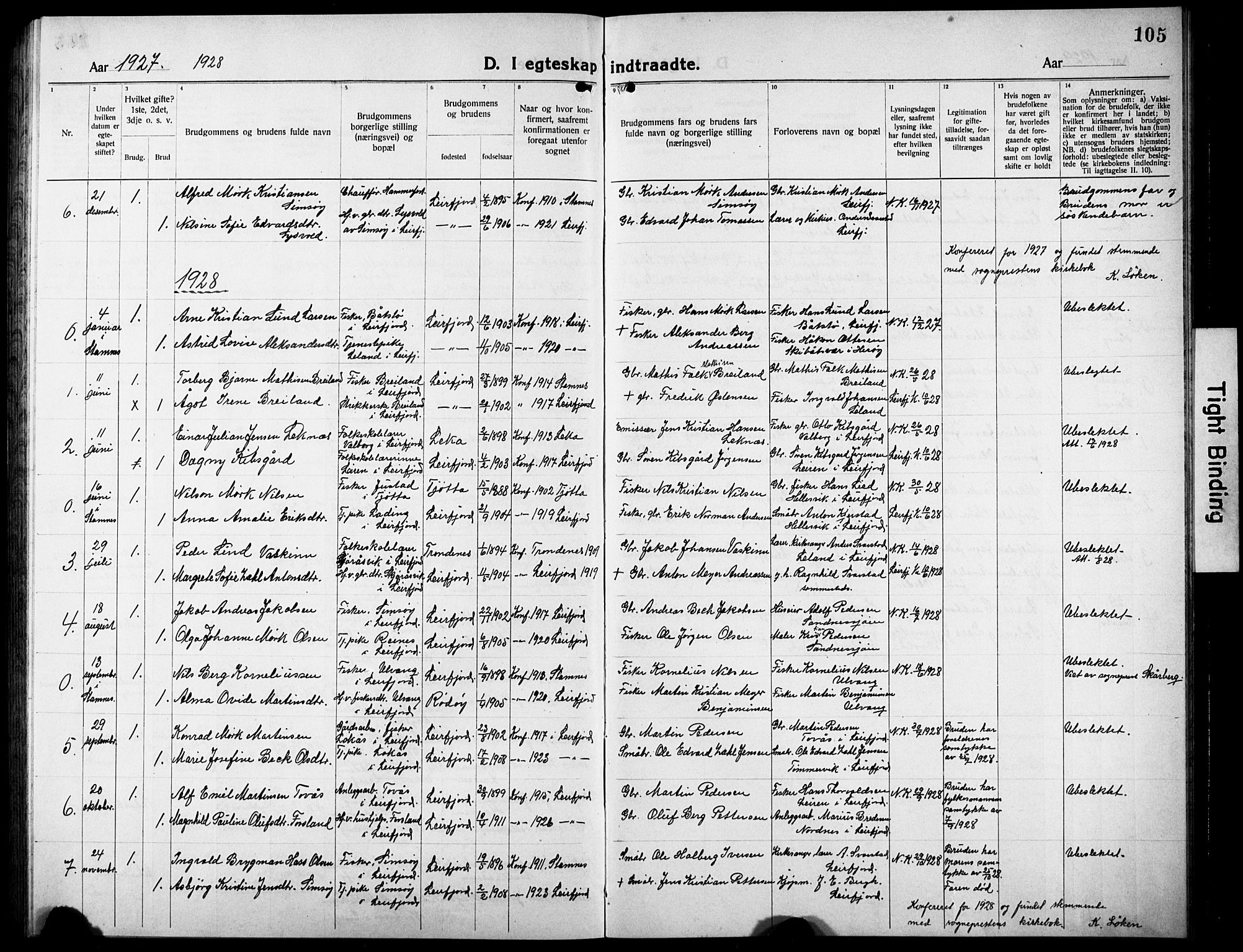 Ministerialprotokoller, klokkerbøker og fødselsregistre - Nordland, AV/SAT-A-1459/832/L0495: Parish register (copy) no. 832C02, 1920-1932, p. 105