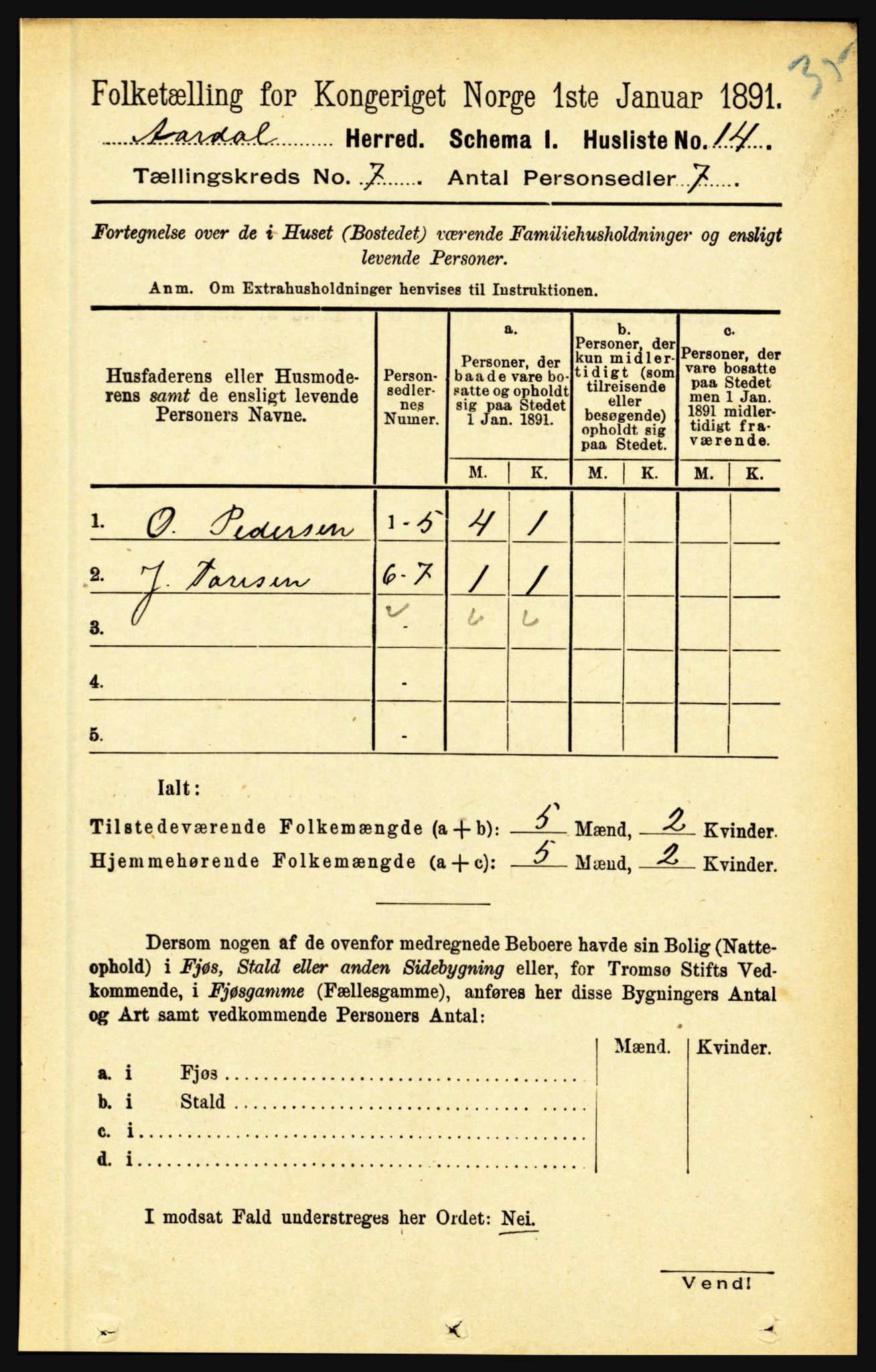 RA, 1891 census for 1424 Årdal, 1891, p. 1447