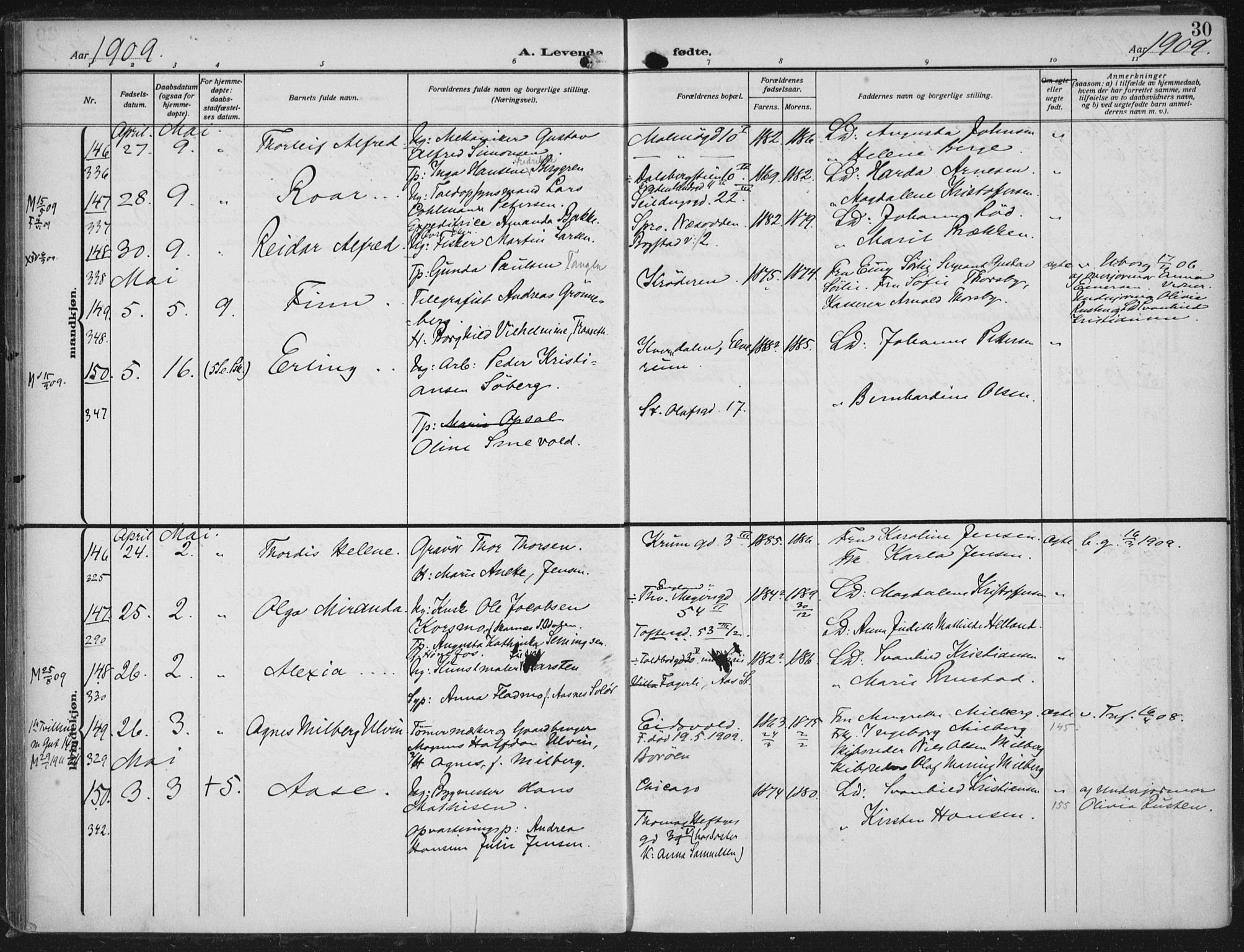 Rikshospitalet prestekontor Kirkebøker, AV/SAO-A-10309b/F/L0014: Parish register (official) no. 14, 1909-1912, p. 30