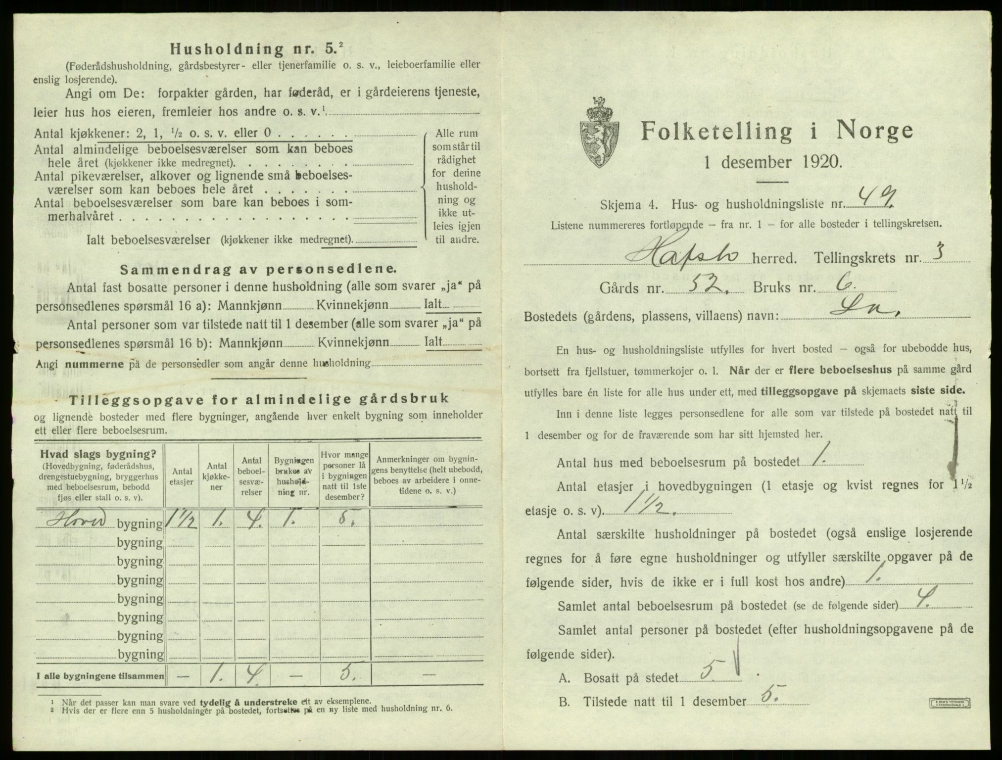 SAB, 1920 census for Hafslo, 1920, p. 296