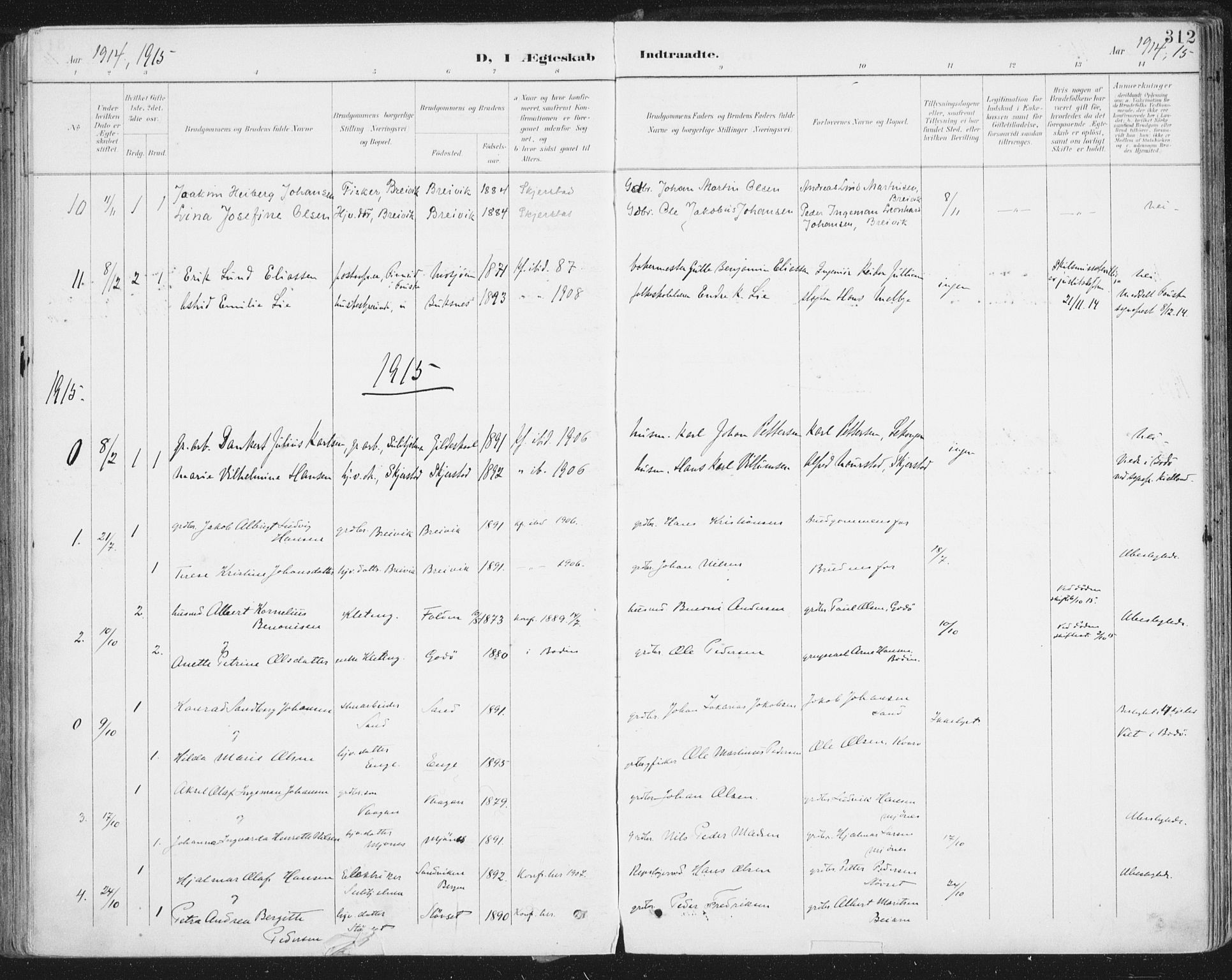 Ministerialprotokoller, klokkerbøker og fødselsregistre - Nordland, SAT/A-1459/852/L0741: Parish register (official) no. 852A11, 1894-1917, p. 312