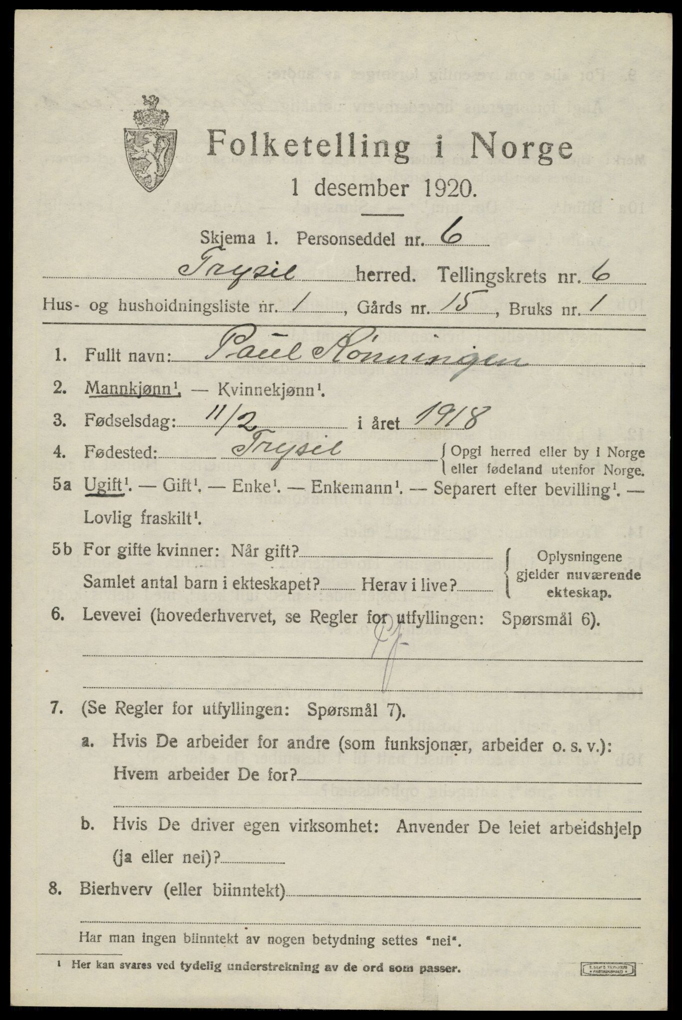 SAH, 1920 census for Trysil, 1920, p. 4539