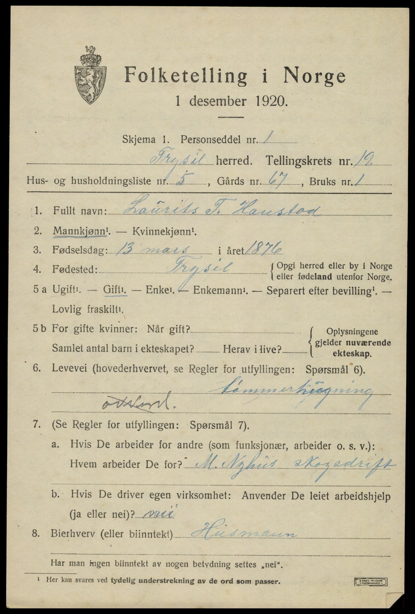 SAH, 1920 census for Trysil, 1920, p. 12751