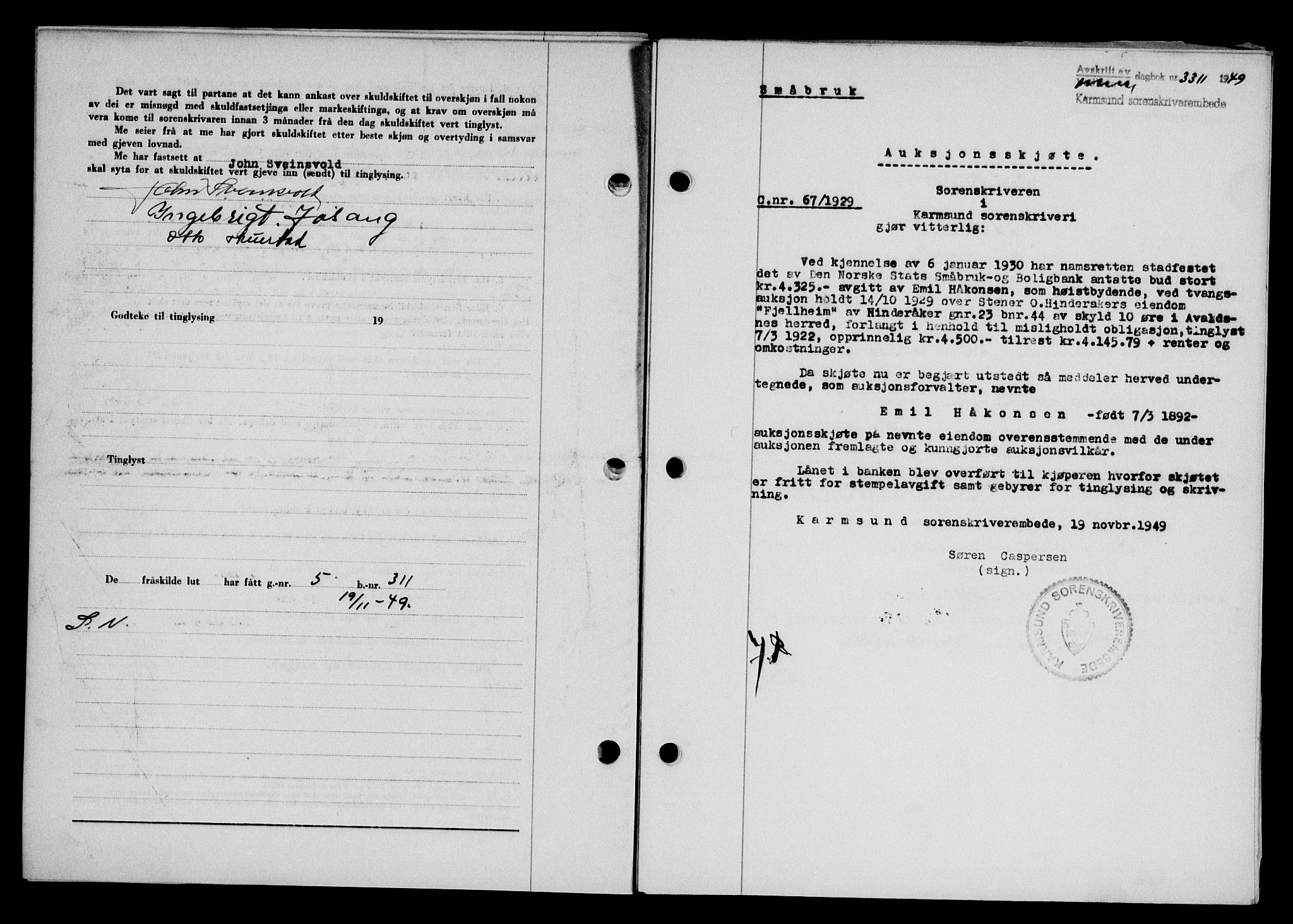 Karmsund sorenskriveri, SAST/A-100311/01/II/IIB/L0098: Mortgage book no. 78A, 1949-1950, Diary no: : 3311/1949