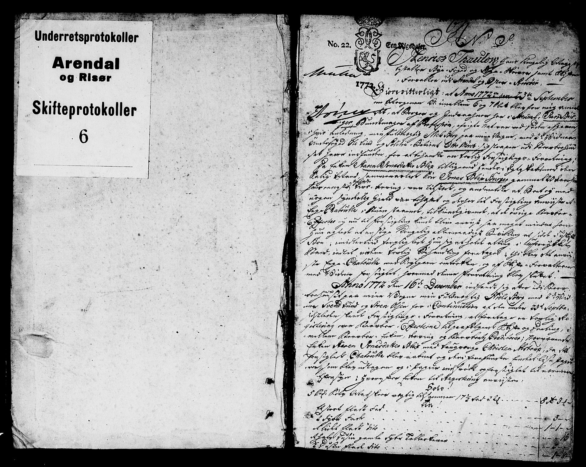 Arendal byfogd, SAK/1222-0001/H/Hc/L0007: Skifteprotokoll nr. 6 for Arendal og Risør, m/register, 1772-1776, p. 0b-1a