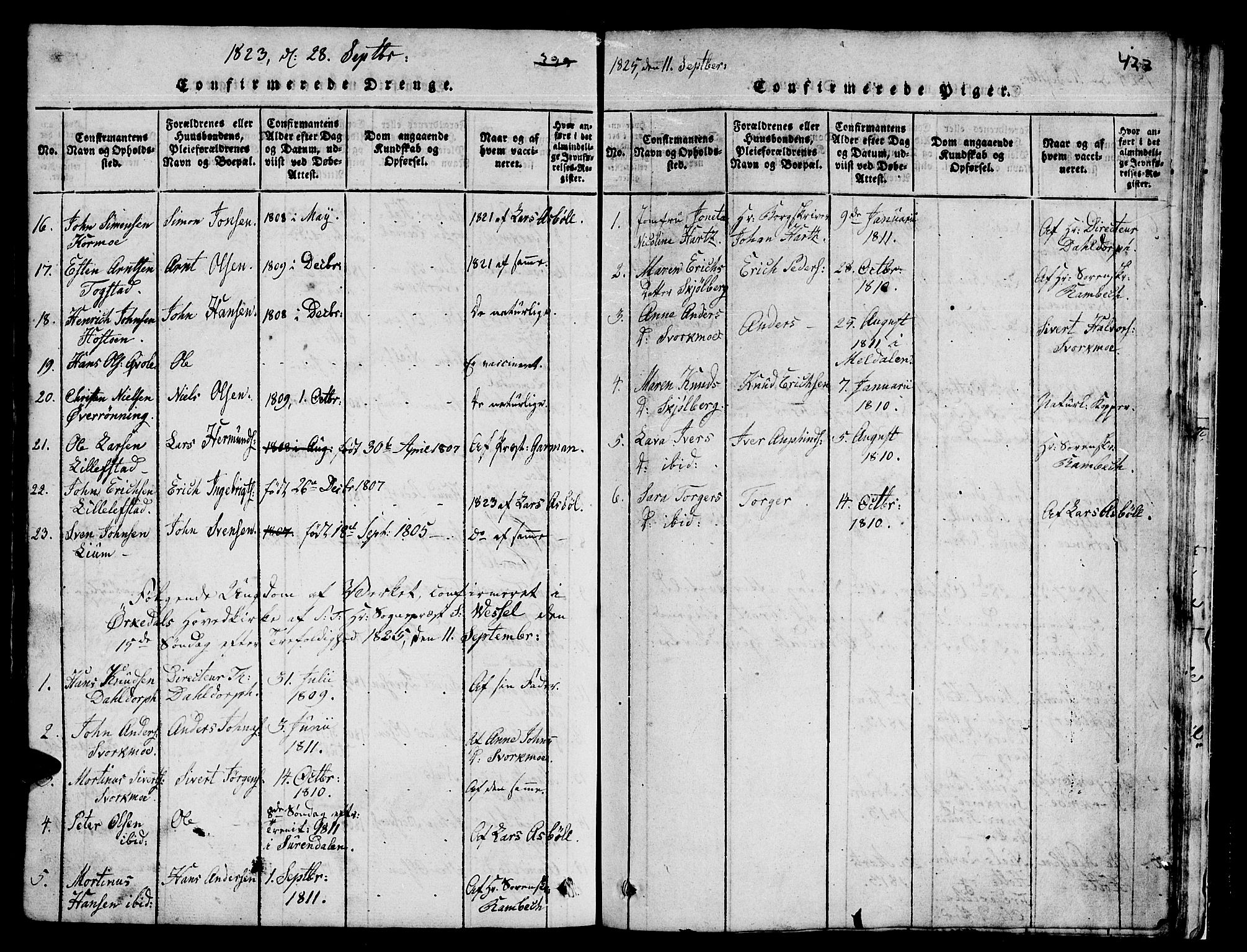 Ministerialprotokoller, klokkerbøker og fødselsregistre - Sør-Trøndelag, SAT/A-1456/671/L0842: Parish register (copy) no. 671C01, 1816-1867, p. 422-423