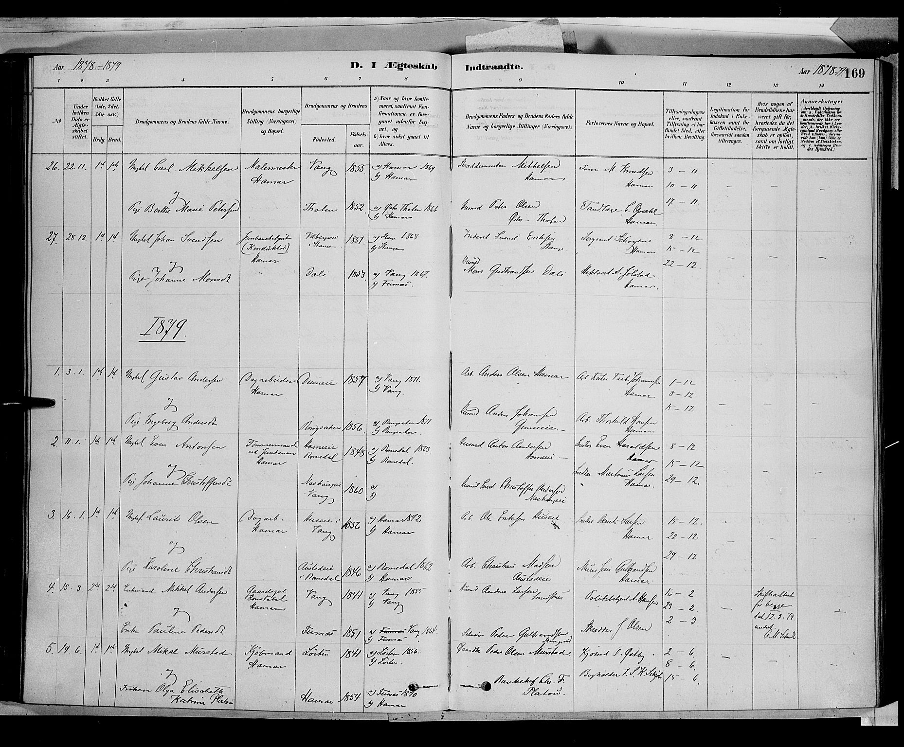 Vang prestekontor, Hedmark, SAH/PREST-008/H/Ha/Haa/L0016: Parish register (official) no. 16, 1878-1889, p. 169