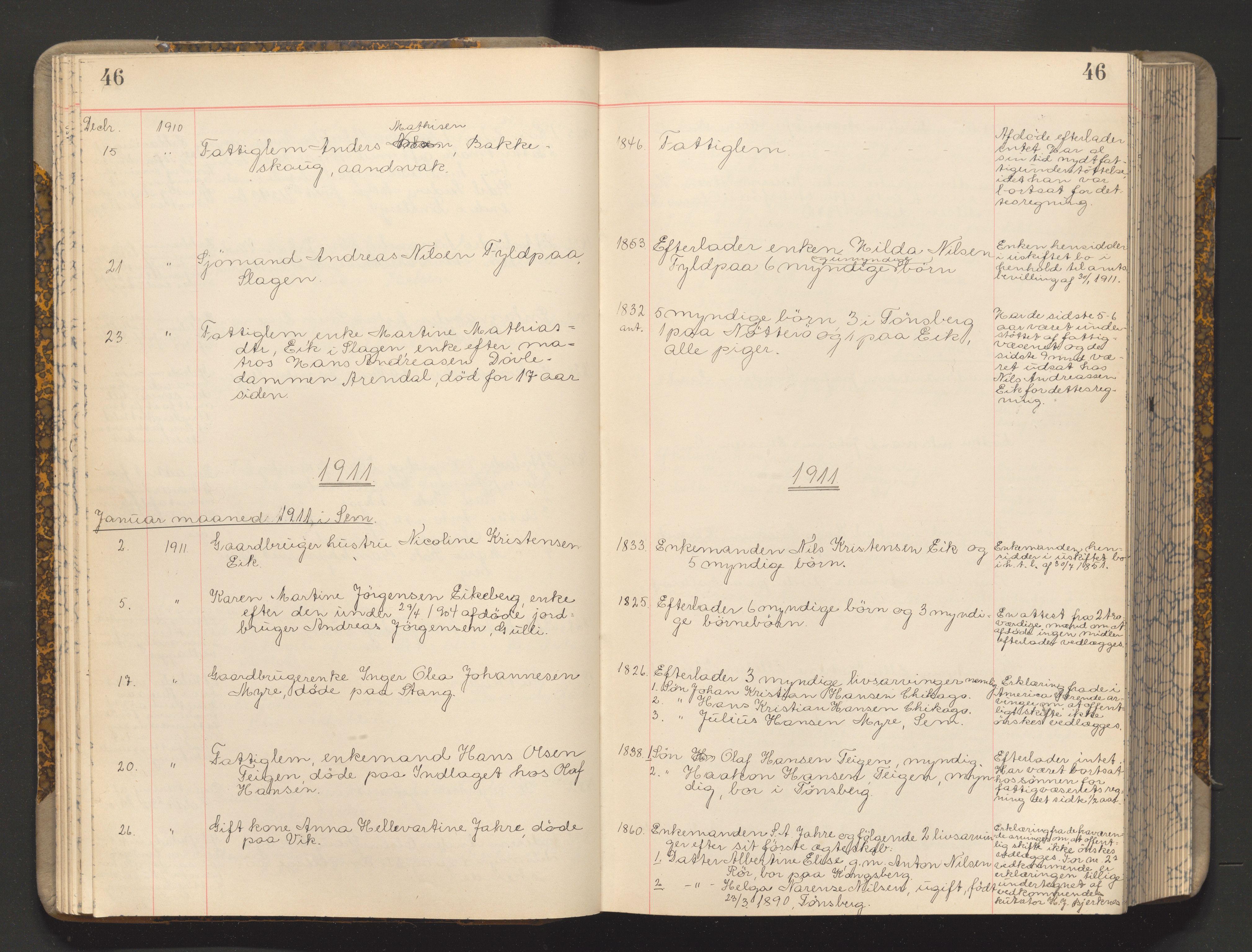 Søndre Jarlsberg sorenskriveri, AV/SAKO-A-129/H/Ha/Hab/L0007: Dødsmeldingsprotokoll, 1907-1913, p. 46