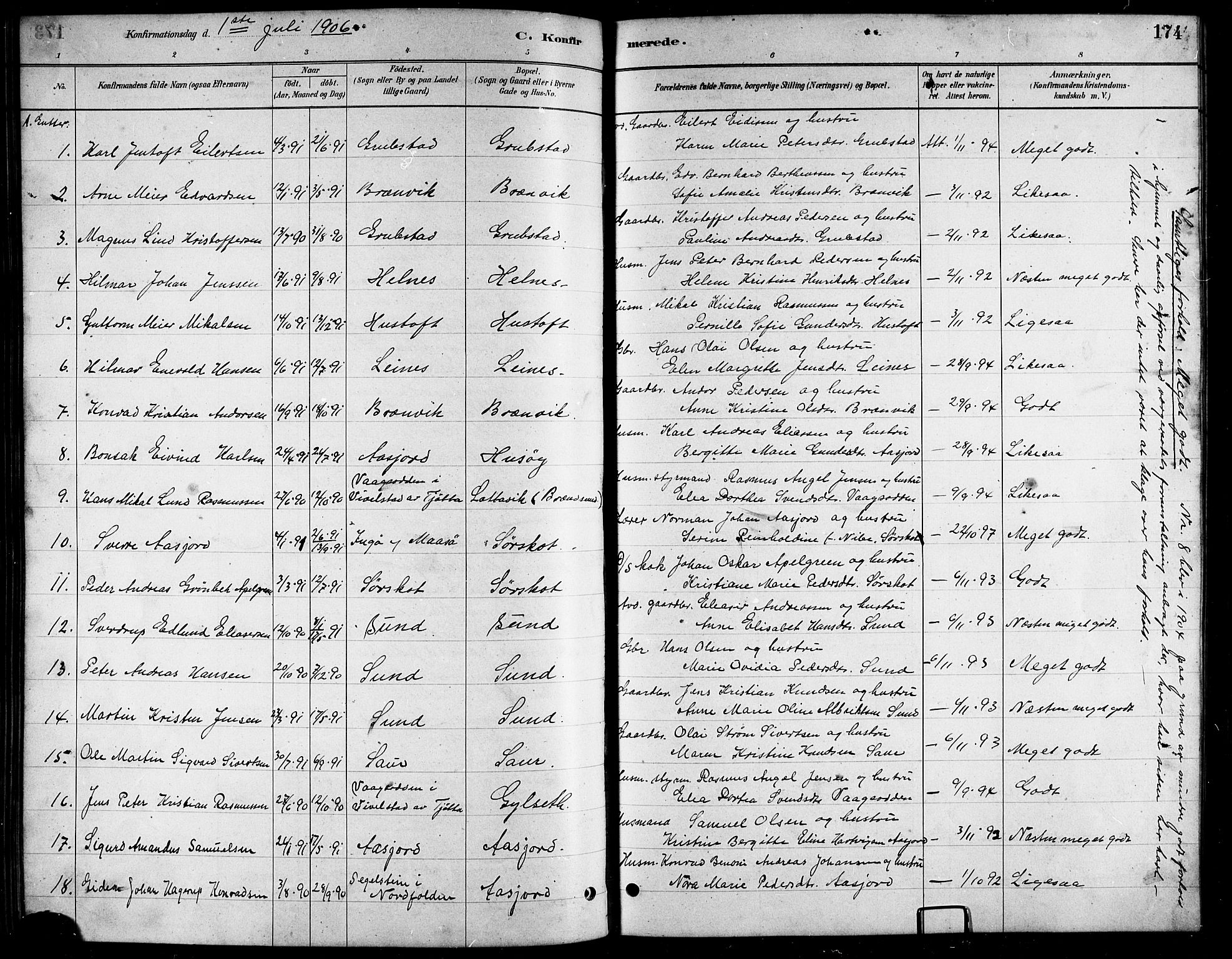 Ministerialprotokoller, klokkerbøker og fødselsregistre - Nordland, AV/SAT-A-1459/857/L0828: Parish register (copy) no. 857C03, 1879-1908, p. 174