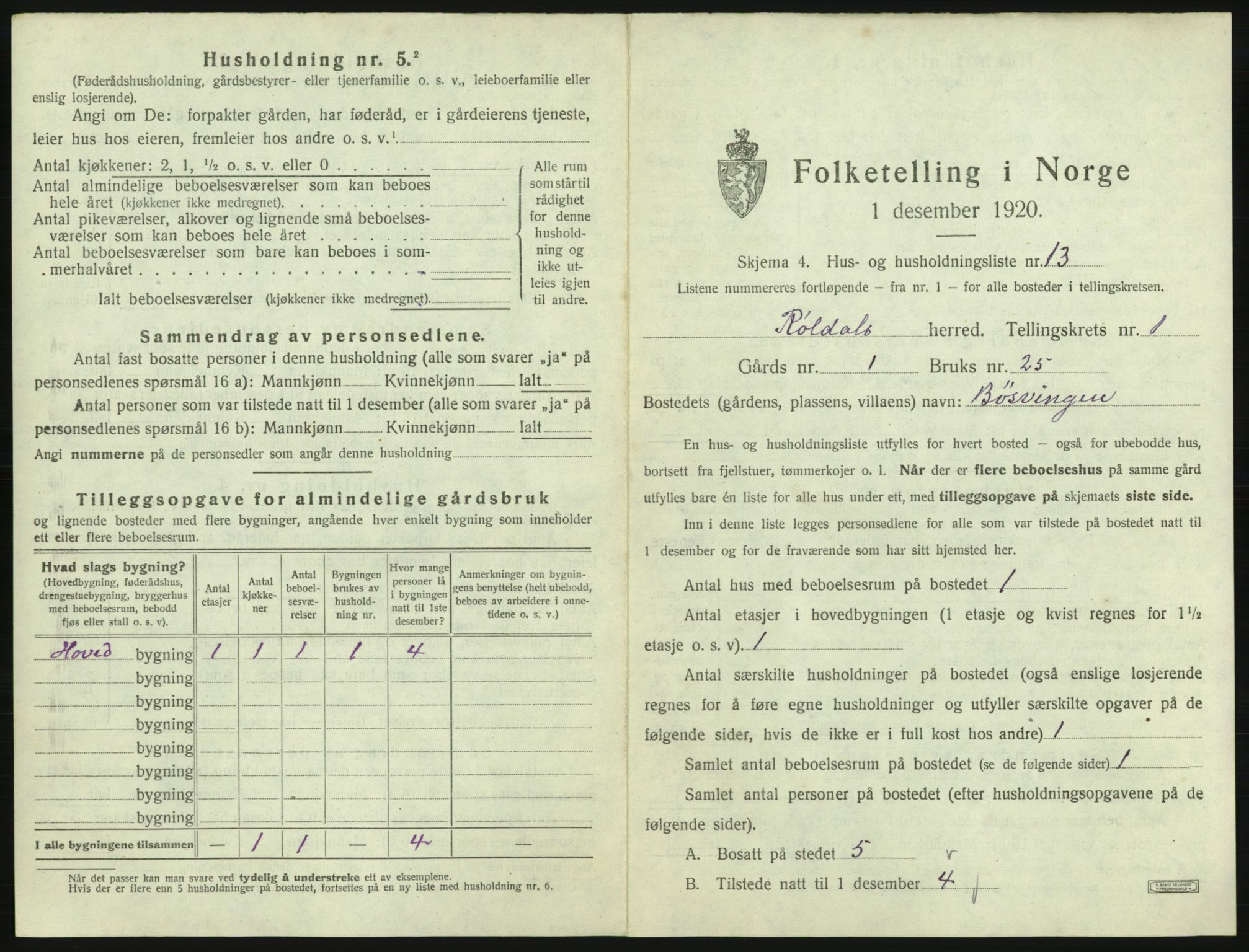 SAB, 1920 census for Røldal, 1920, p. 39