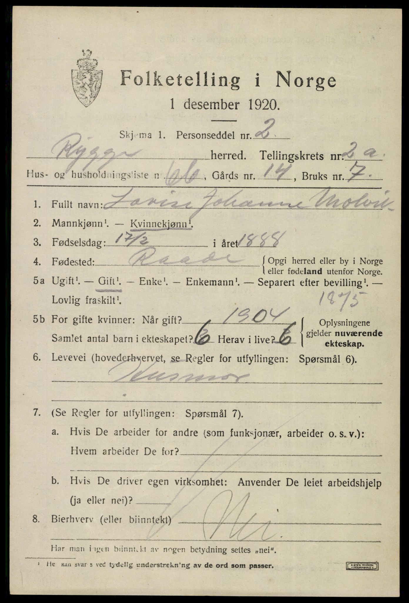 SAO, 1920 census for Rygge, 1920, p. 7597