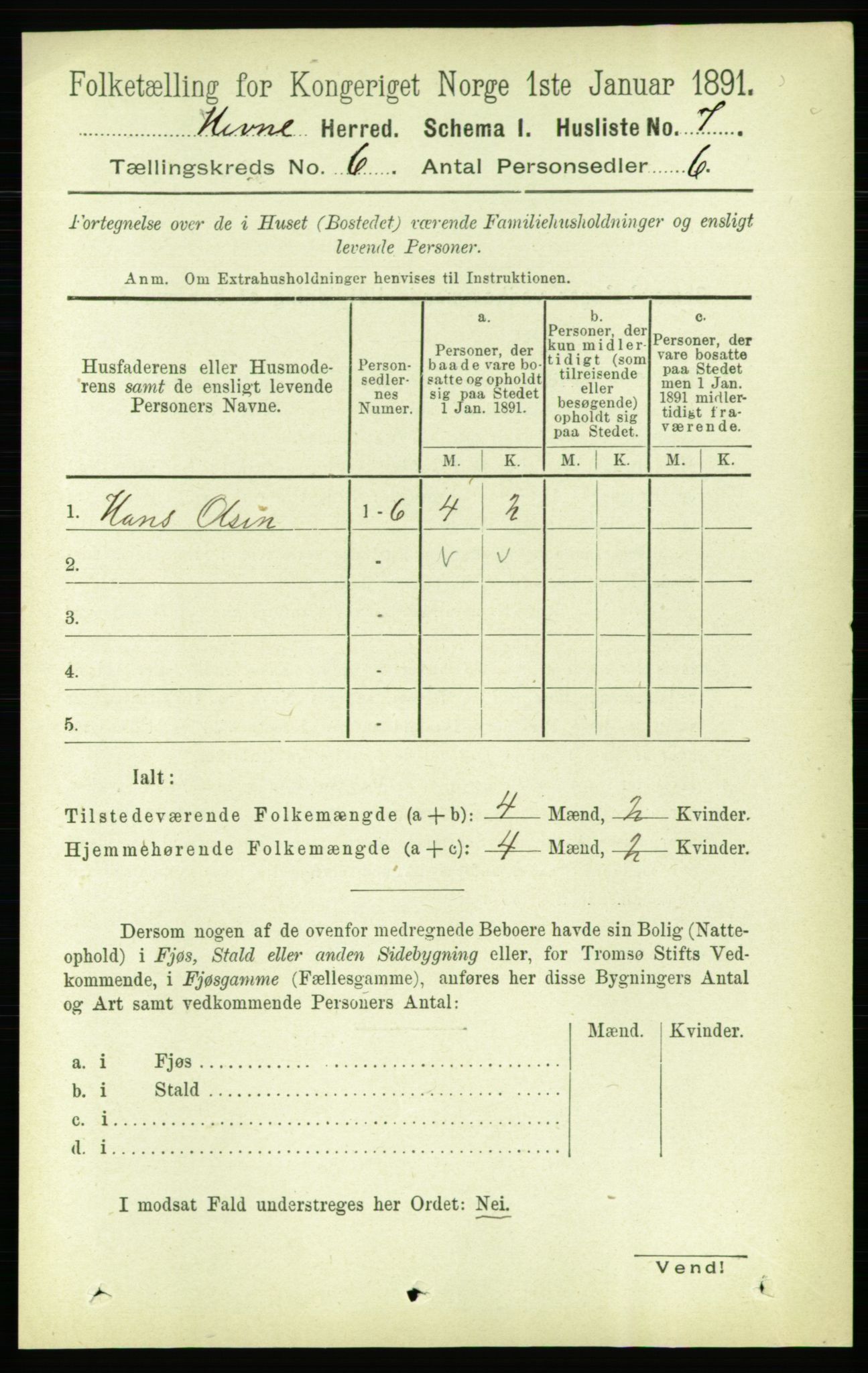 RA, 1891 census for 1612 Hemne, 1891, p. 3321