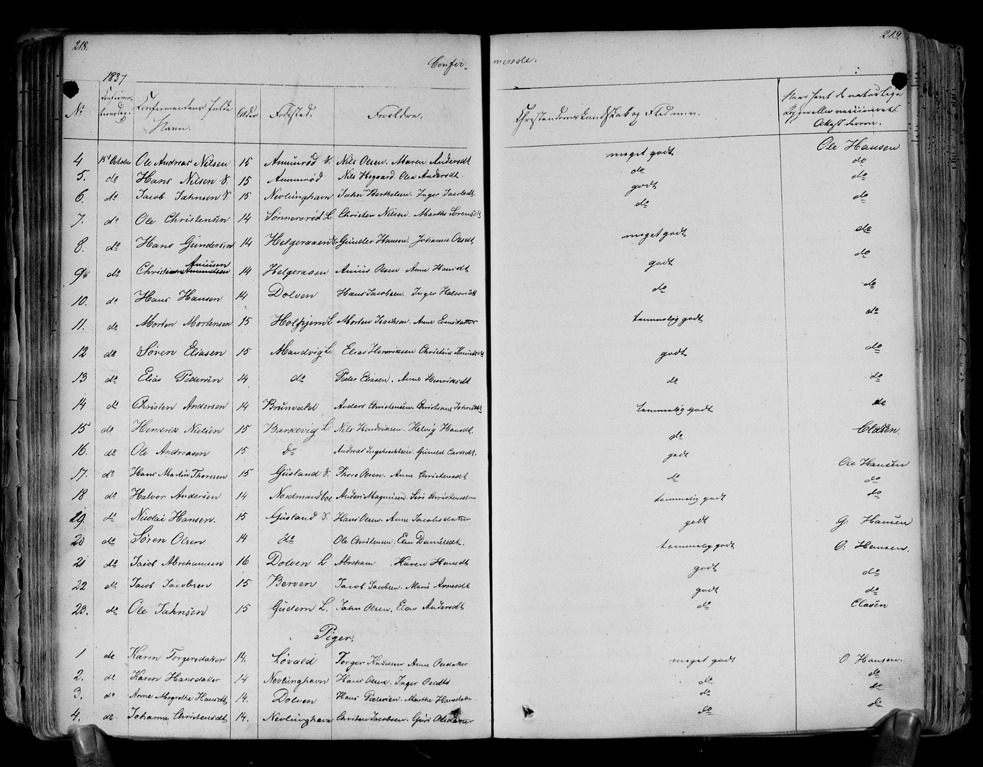 Brunlanes kirkebøker, AV/SAKO-A-342/F/Fa/L0003: Parish register (official) no. I 3, 1834-1845, p. 218-219