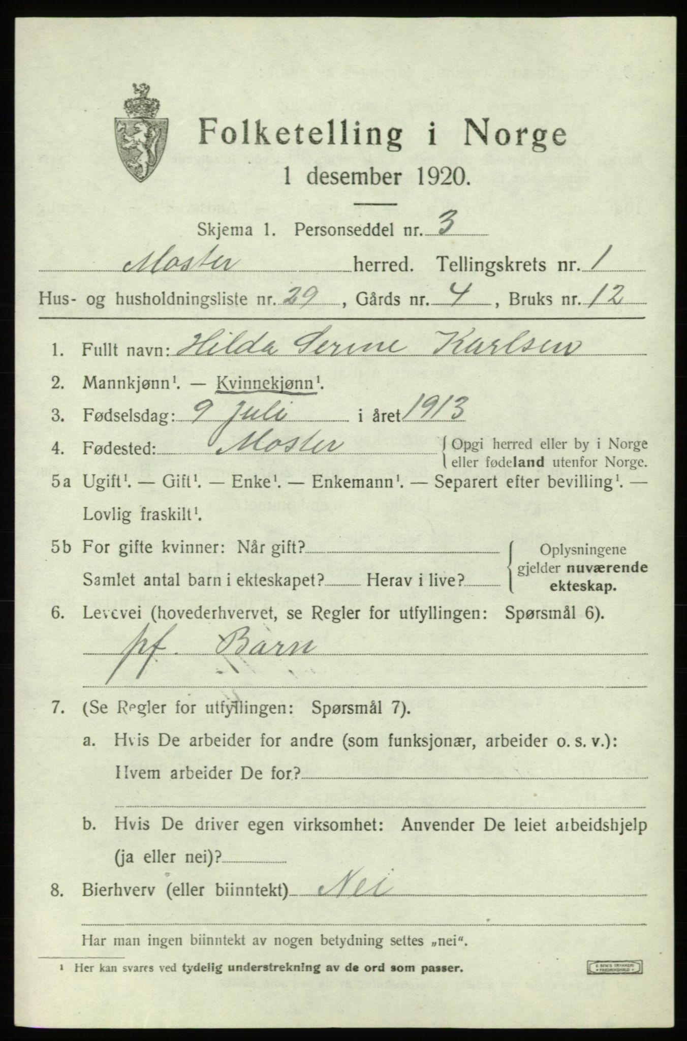 SAB, 1920 census for Moster, 1920, p. 797