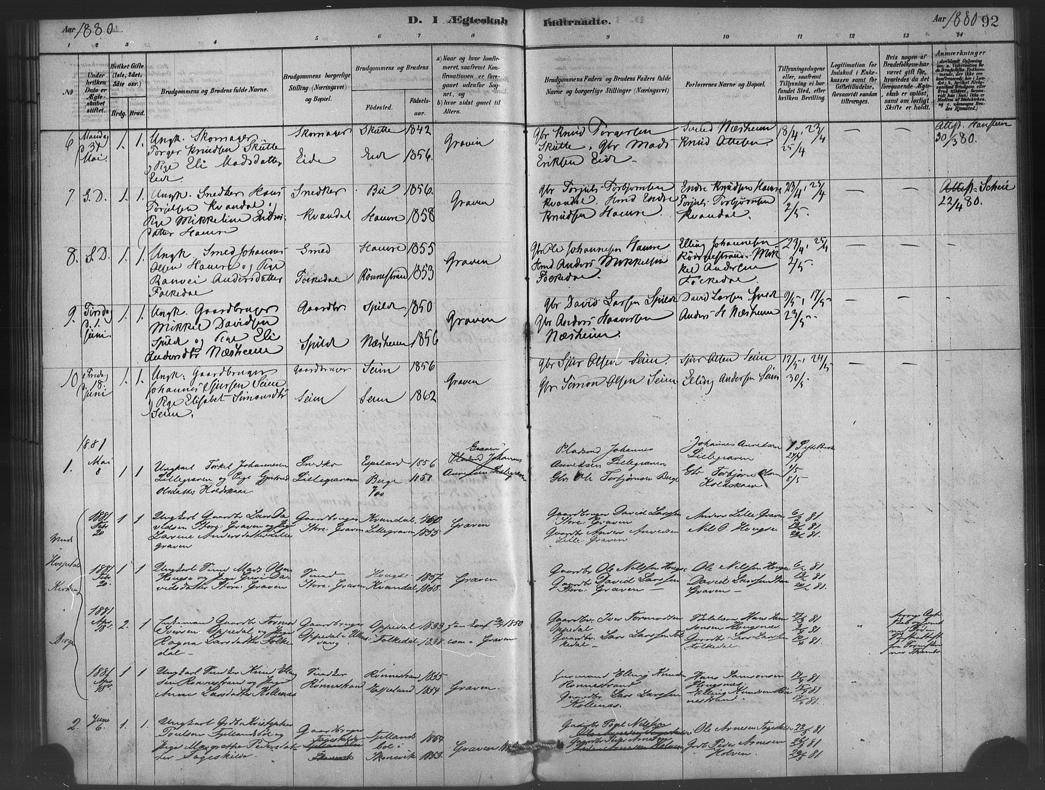 Ulvik sokneprestembete, SAB/A-78801/H/Haa: Parish register (official) no. C 1, 1878-1903, p. 92