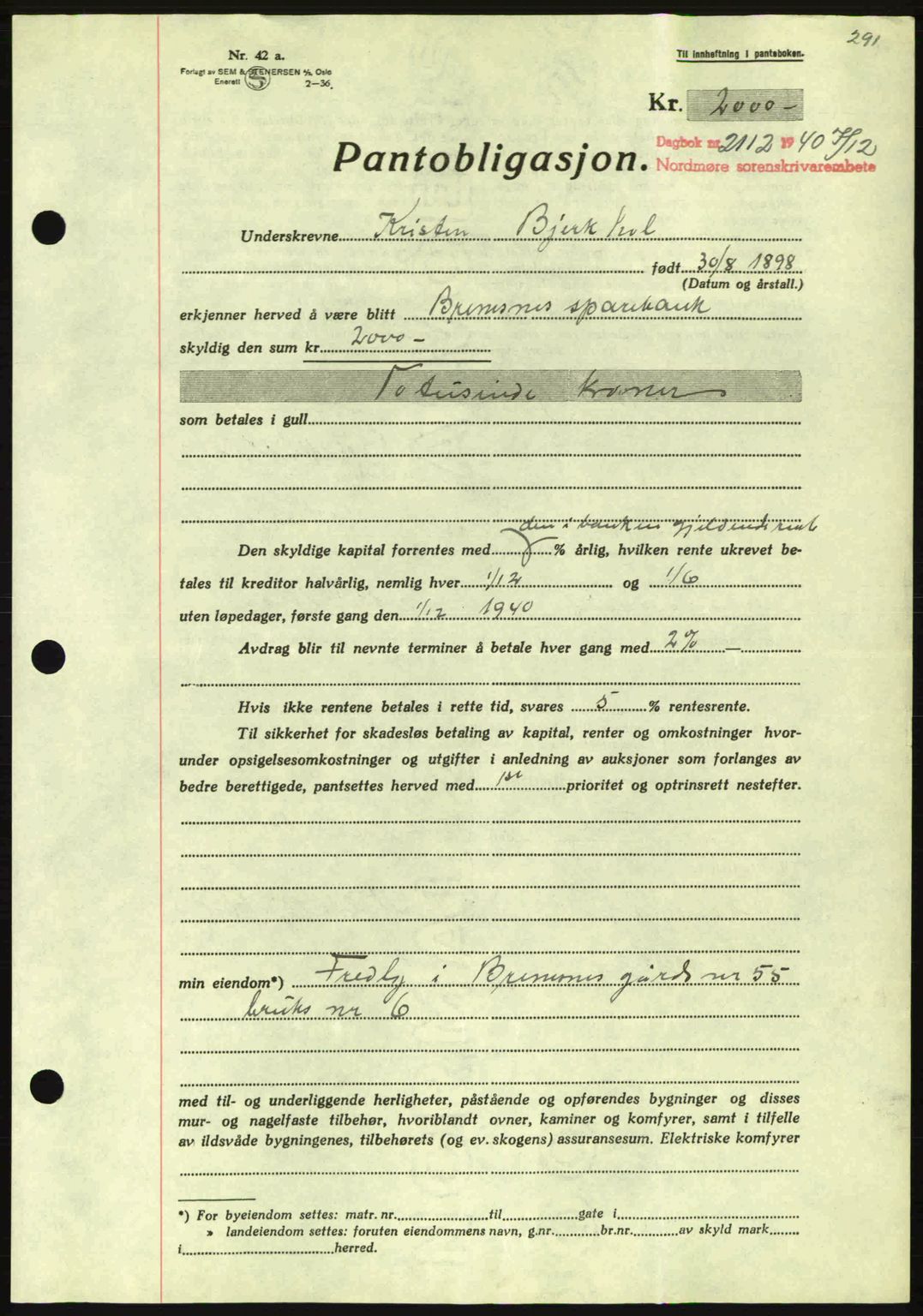 Nordmøre sorenskriveri, AV/SAT-A-4132/1/2/2Ca: Mortgage book no. B87, 1940-1941, Diary no: : 2112/1940