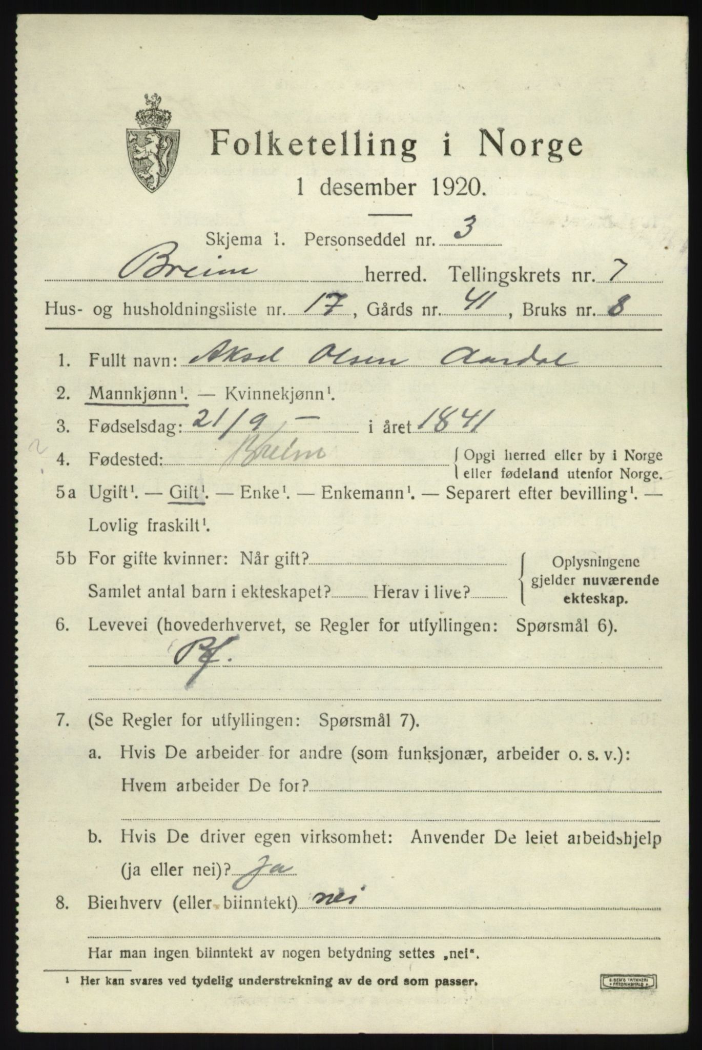 SAB, 1920 census for Breim, 1920, p. 4039