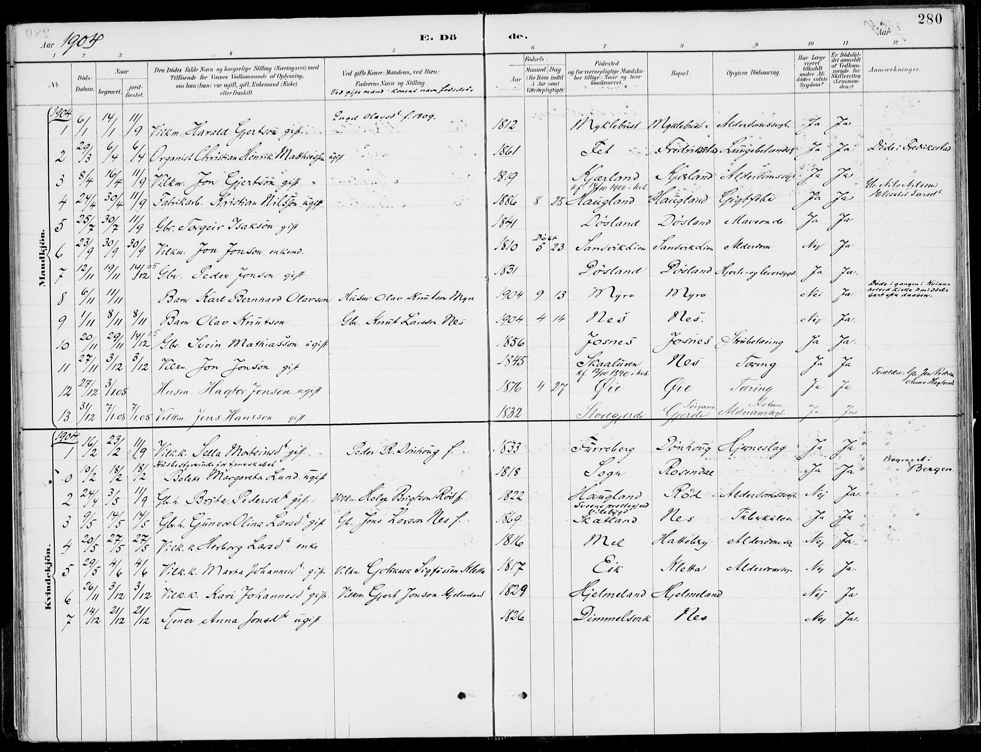 Kvinnherad sokneprestembete, SAB/A-76401/H/Haa: Parish register (official) no. B  1, 1887-1921, p. 280