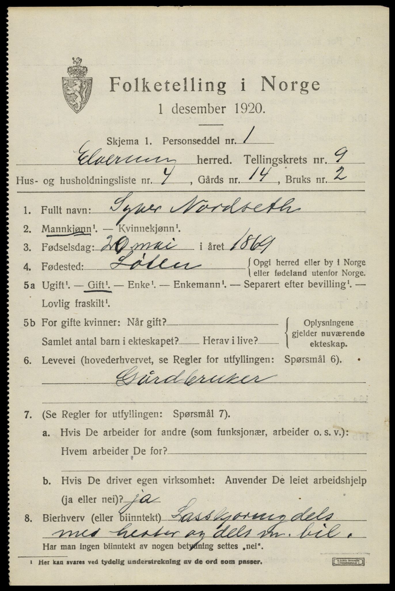 SAH, 1920 census for Elverum, 1920, p. 15590