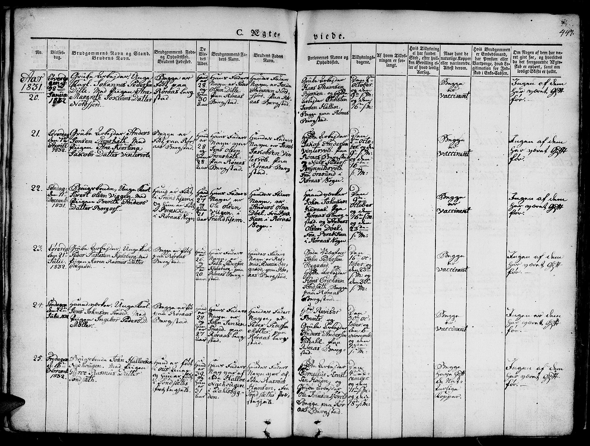 Ministerialprotokoller, klokkerbøker og fødselsregistre - Sør-Trøndelag, SAT/A-1456/681/L0939: Parish register (copy) no. 681C03, 1829-1855, p. 447