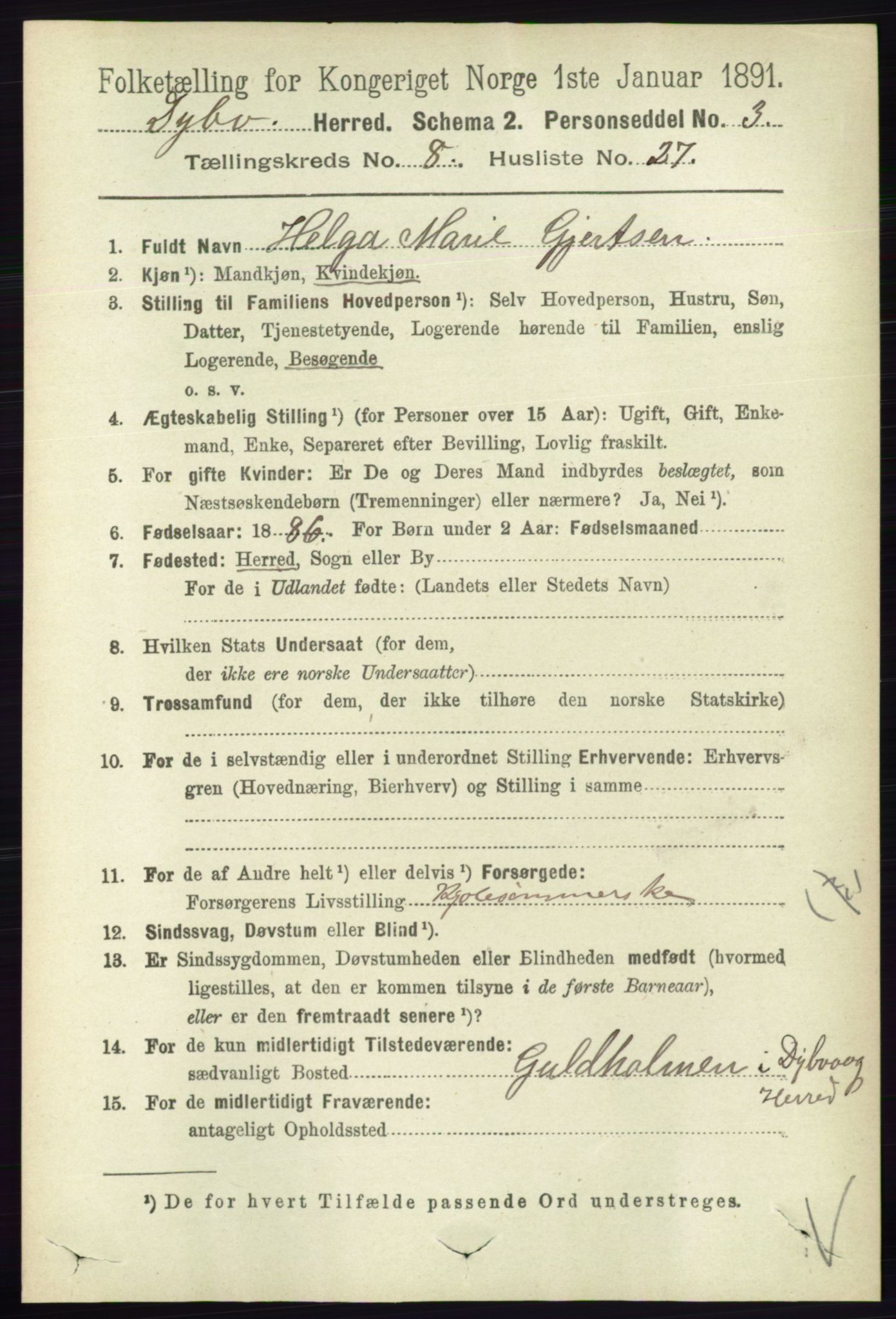 RA, 1891 census for 0915 Dypvåg, 1891, p. 2876