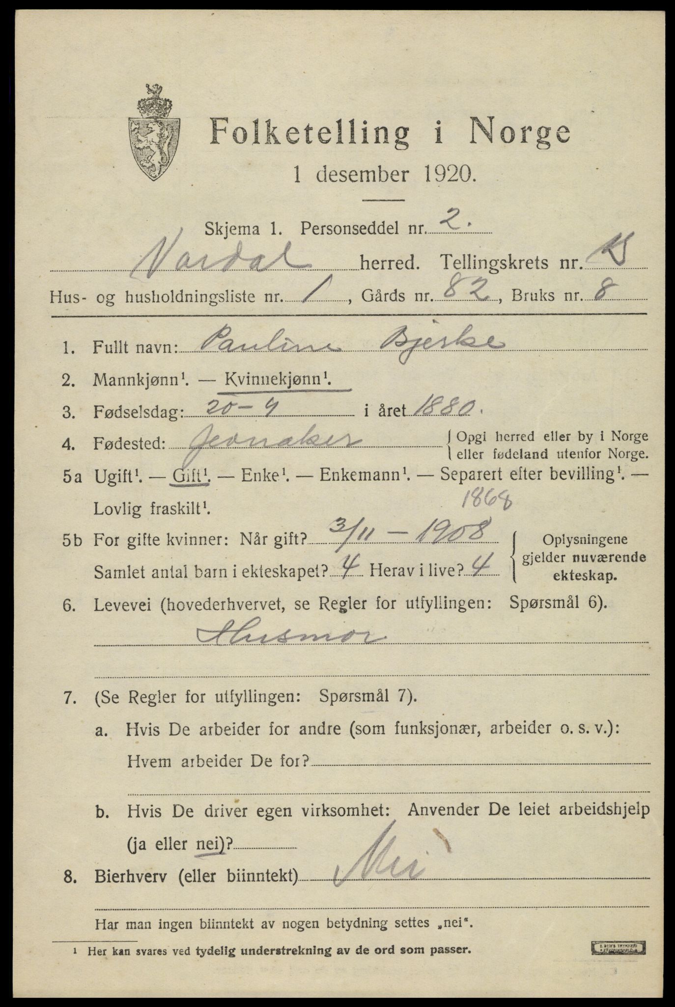 SAH, 1920 census for Vardal, 1920, p. 13799